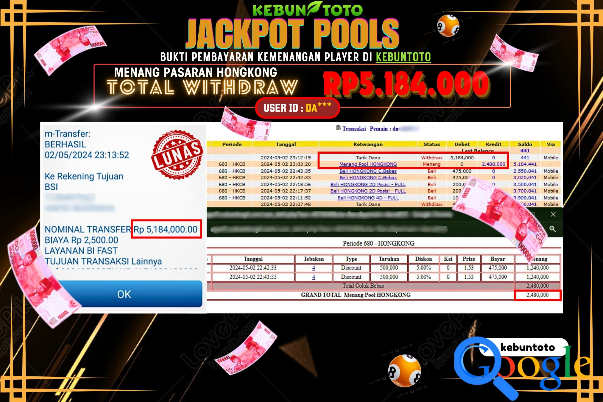 KEBUNTOTO JACKPOT TOGEL PASARAN HONGKONG Rp.5.184.000,- LUNAS