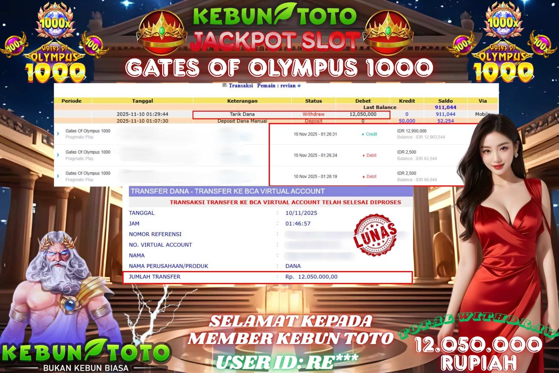 Bukti Kemenangan Rp 12.050.000 SLOT GATES OF OLYMPUS 1000 di KEBUNTOTO!