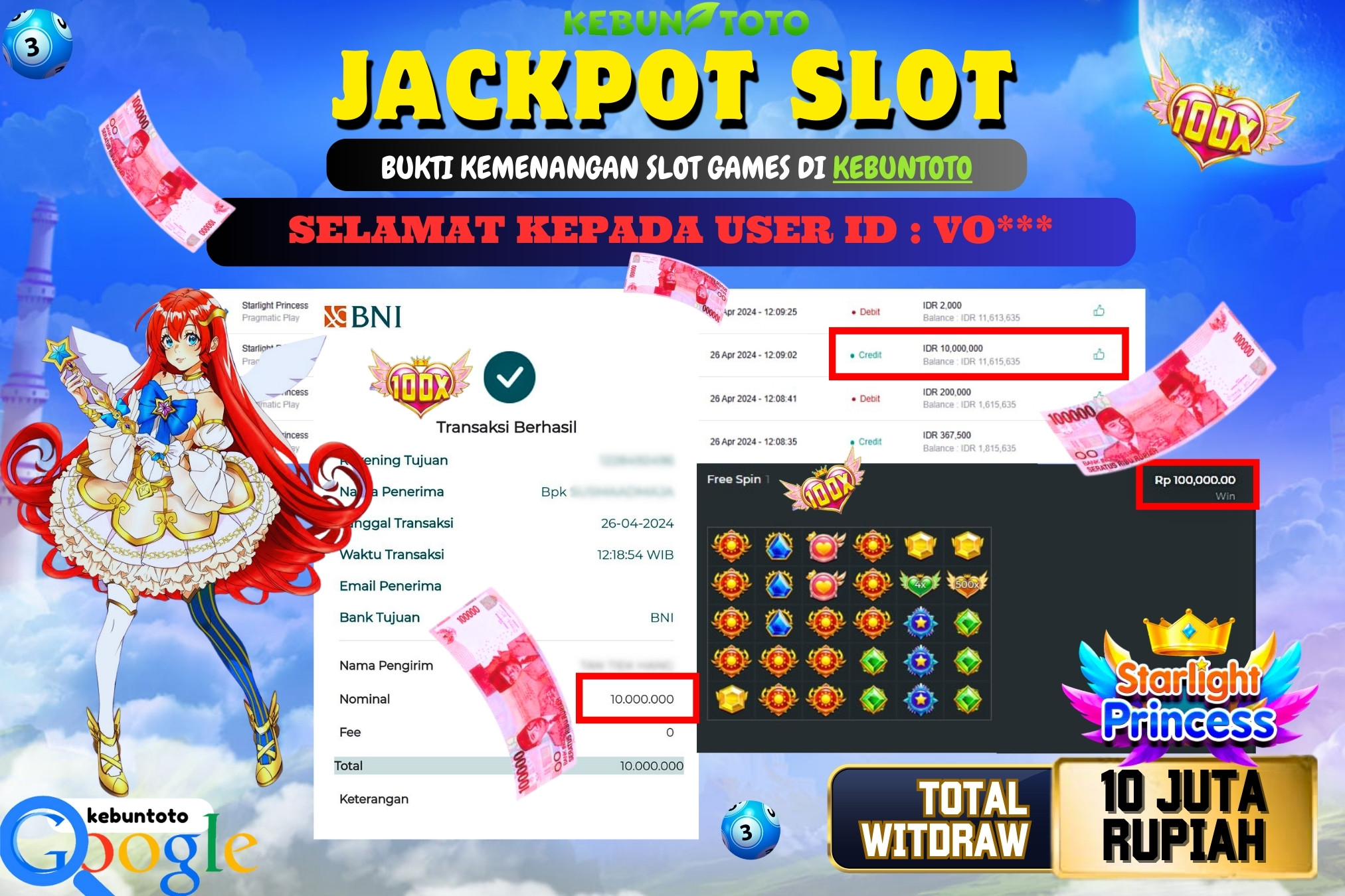 KEBUNTOTO JACKPOT SLOT STARLIGHT PRINCESS Rp.10.000.000,- LUNAS