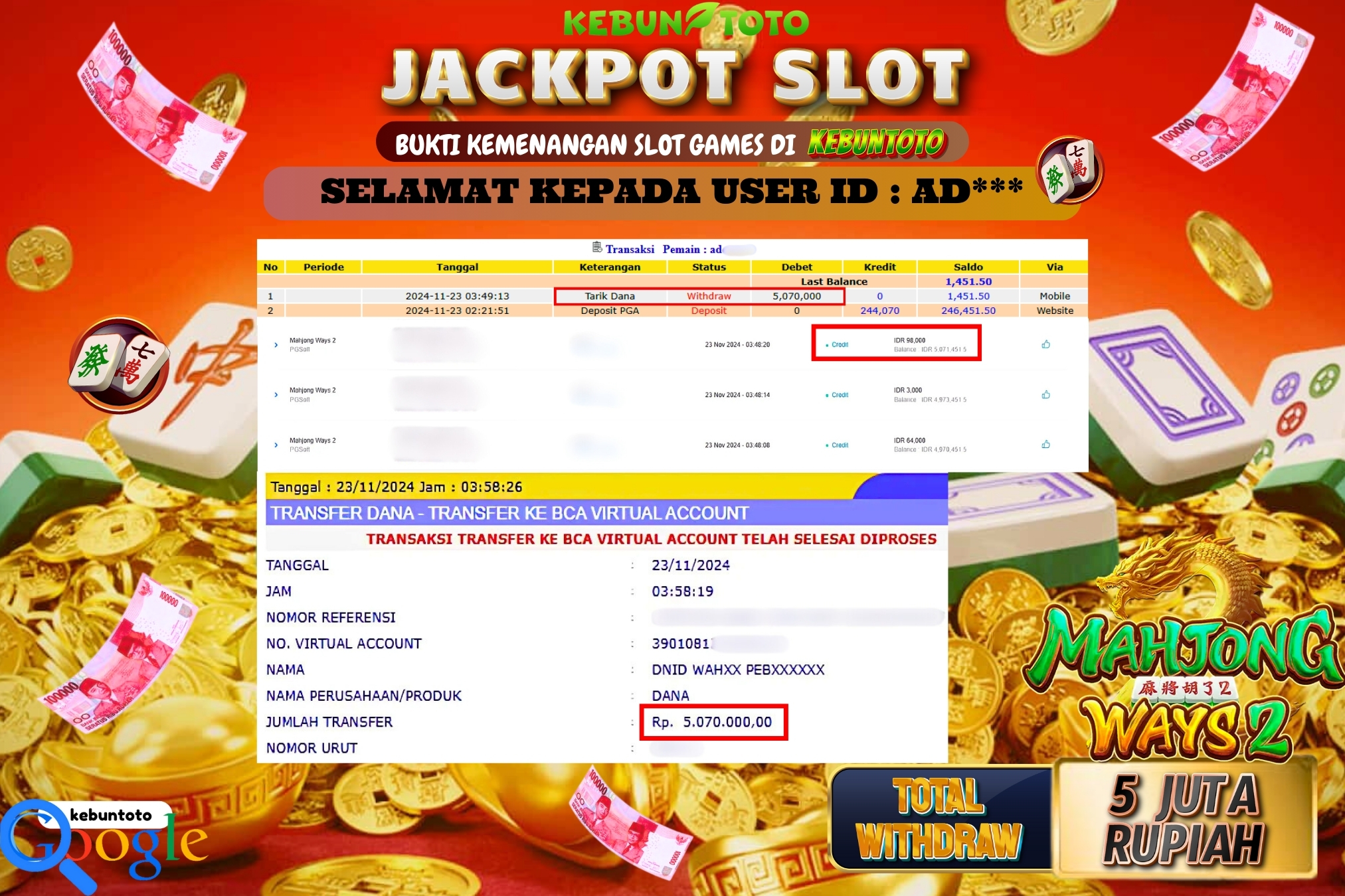 KEBUNTOTO JACKPOT SLOT MAHJONG WAYS 2 Rp.5.070.000,- LUNAS