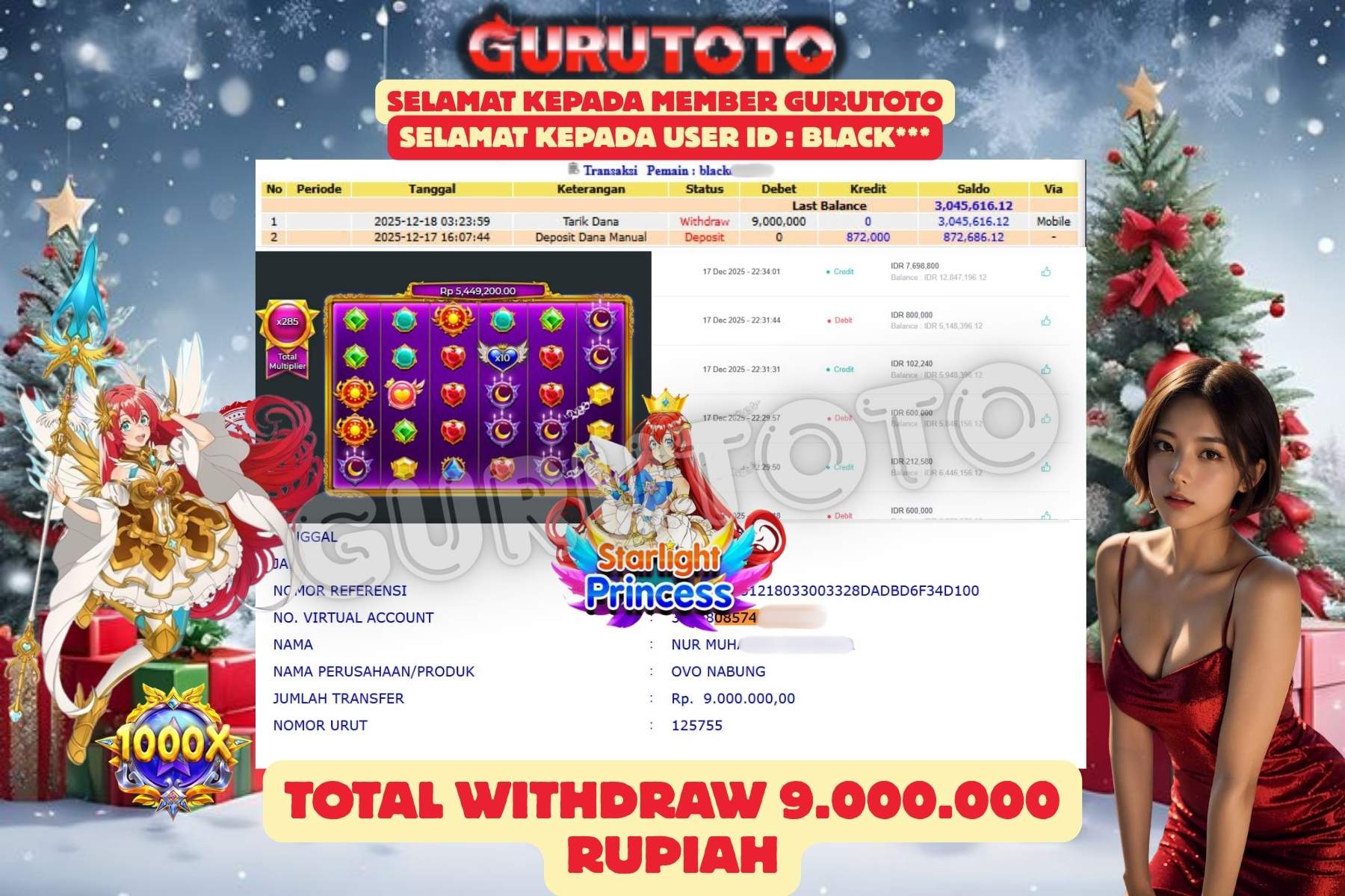 Bukti Kemenangan Rp 9.000.000 STARLIGHT PRINCESS di GURUTOTO!