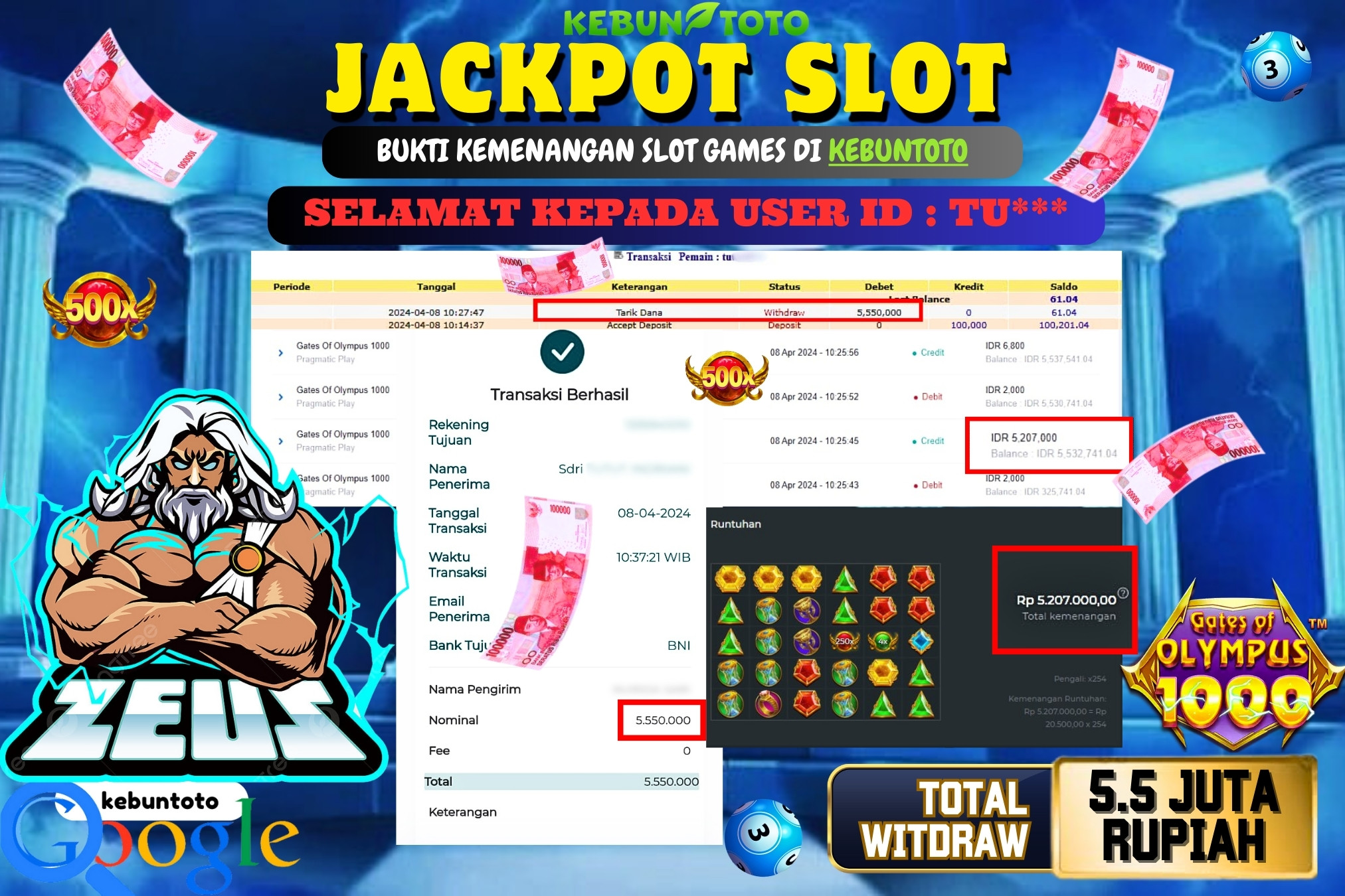 KEBUNTOTO JACKPOT SLOT GATES OF OLYMPUS 1000 Rp.5.550.000,- LUNAS