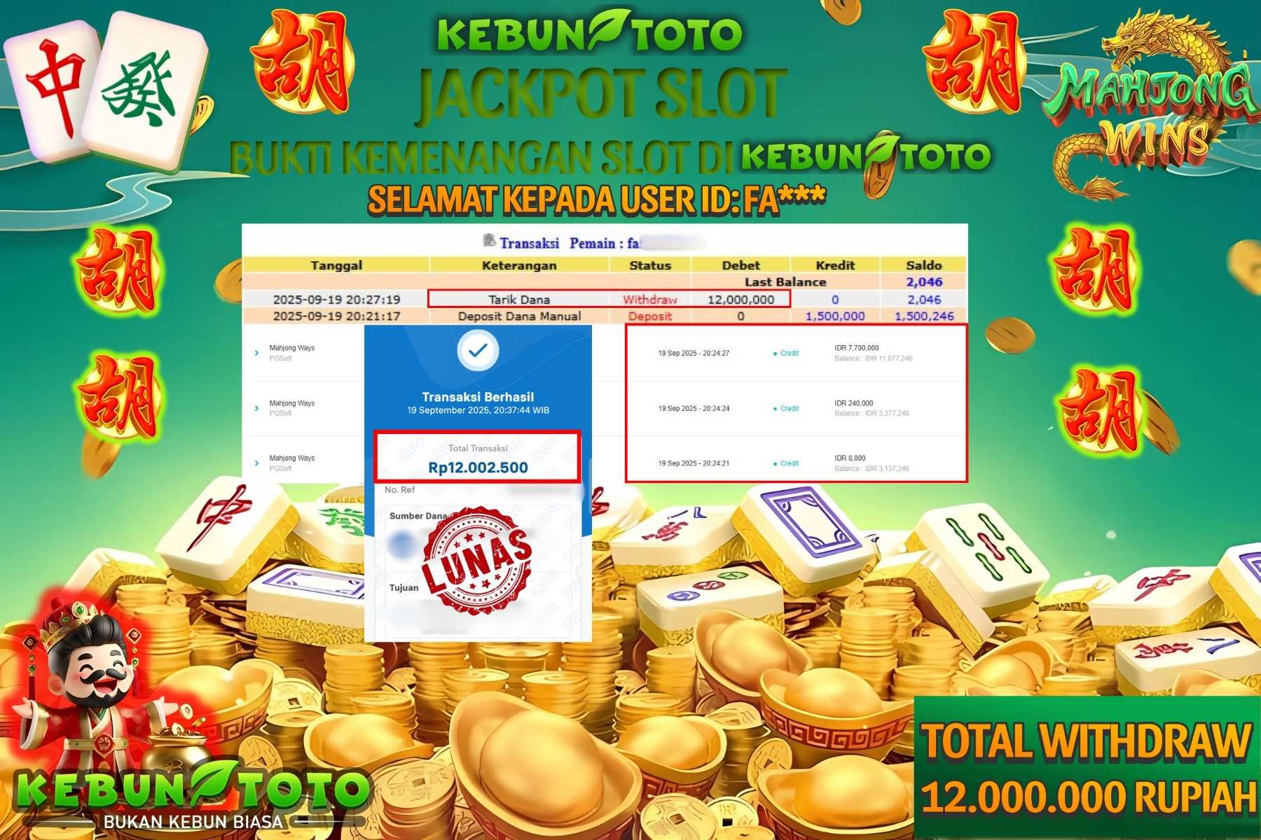 Bukti Kemenangan Rp 12.000.000 SLOT MAHJONG WAYS di KEBUNTOTO!