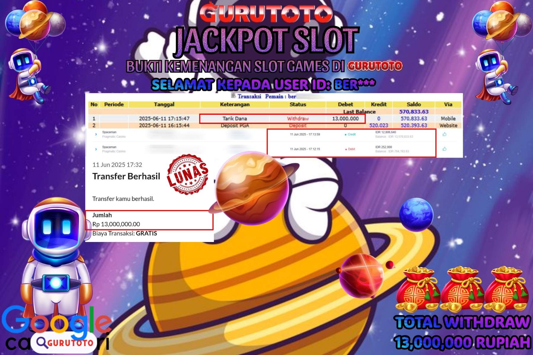 GURUTOTO JACKPOT, SLOT SPACEMAN , Sebesar Rp 13.000.000,- LUNAS