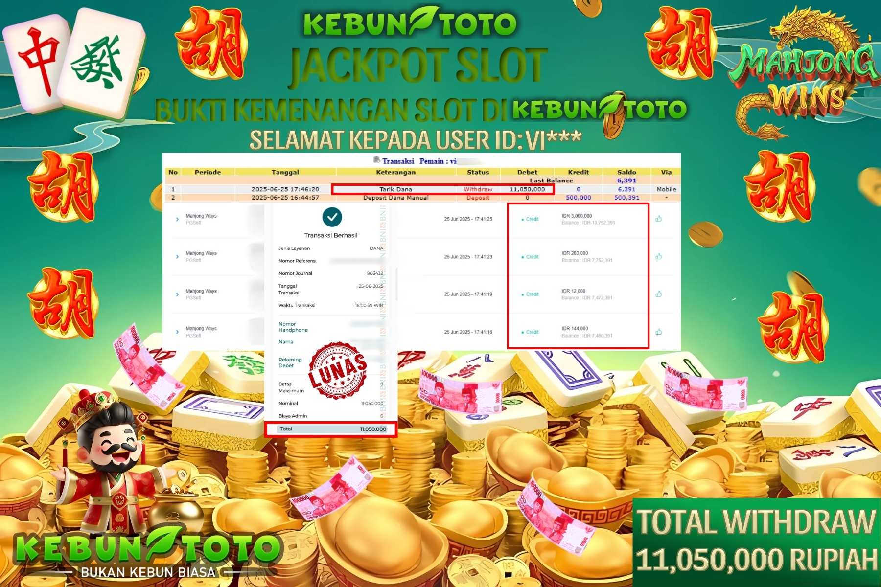 Bukti Kemenangan Rp 11.050.000 SLOT MAHJONG WAYS di KEBUNTOTO!