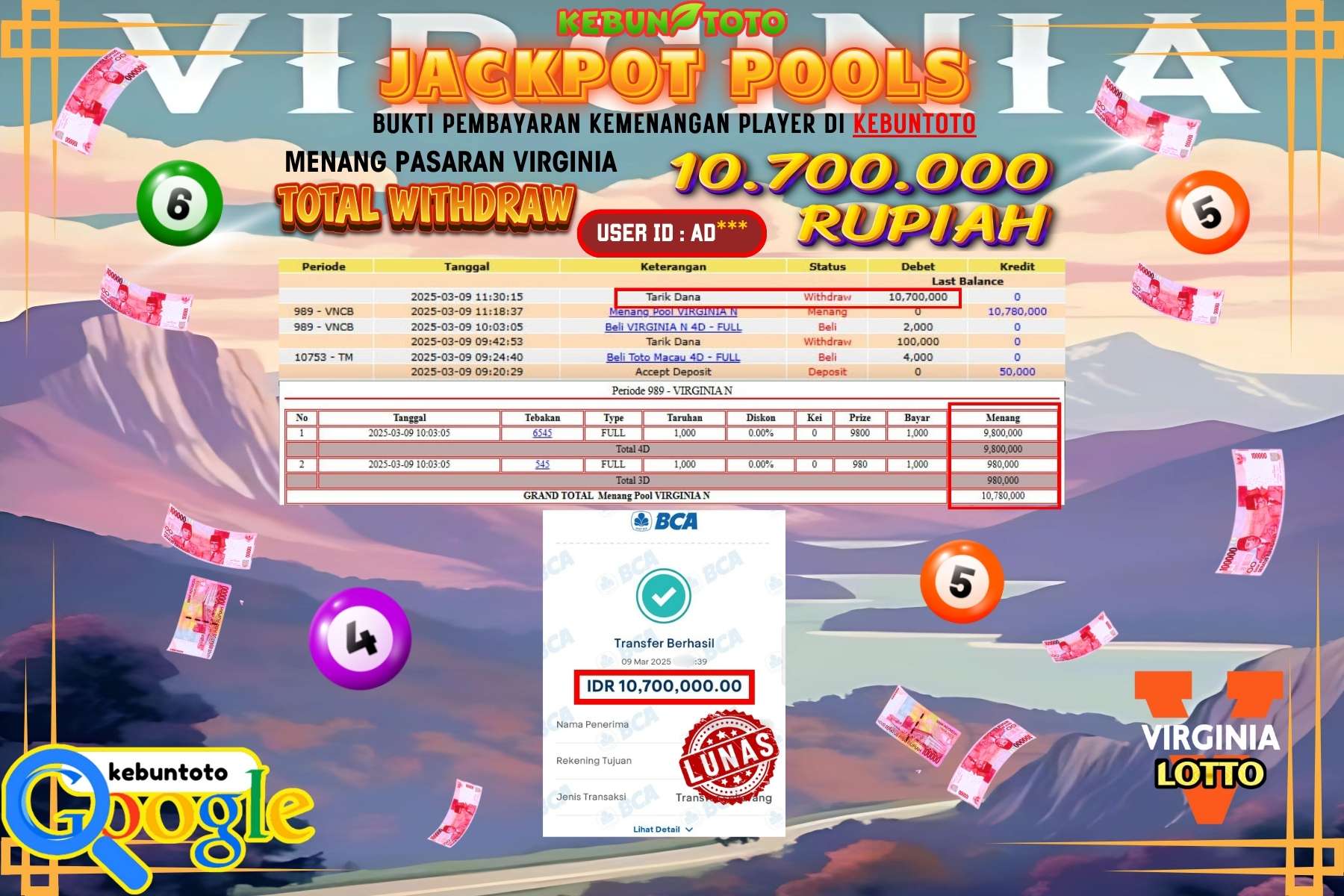 KEBUNTOTO JACKPOT, TOTO VIRGINIA POOLS Sebesar Rp 10.700.000,- LUNAS