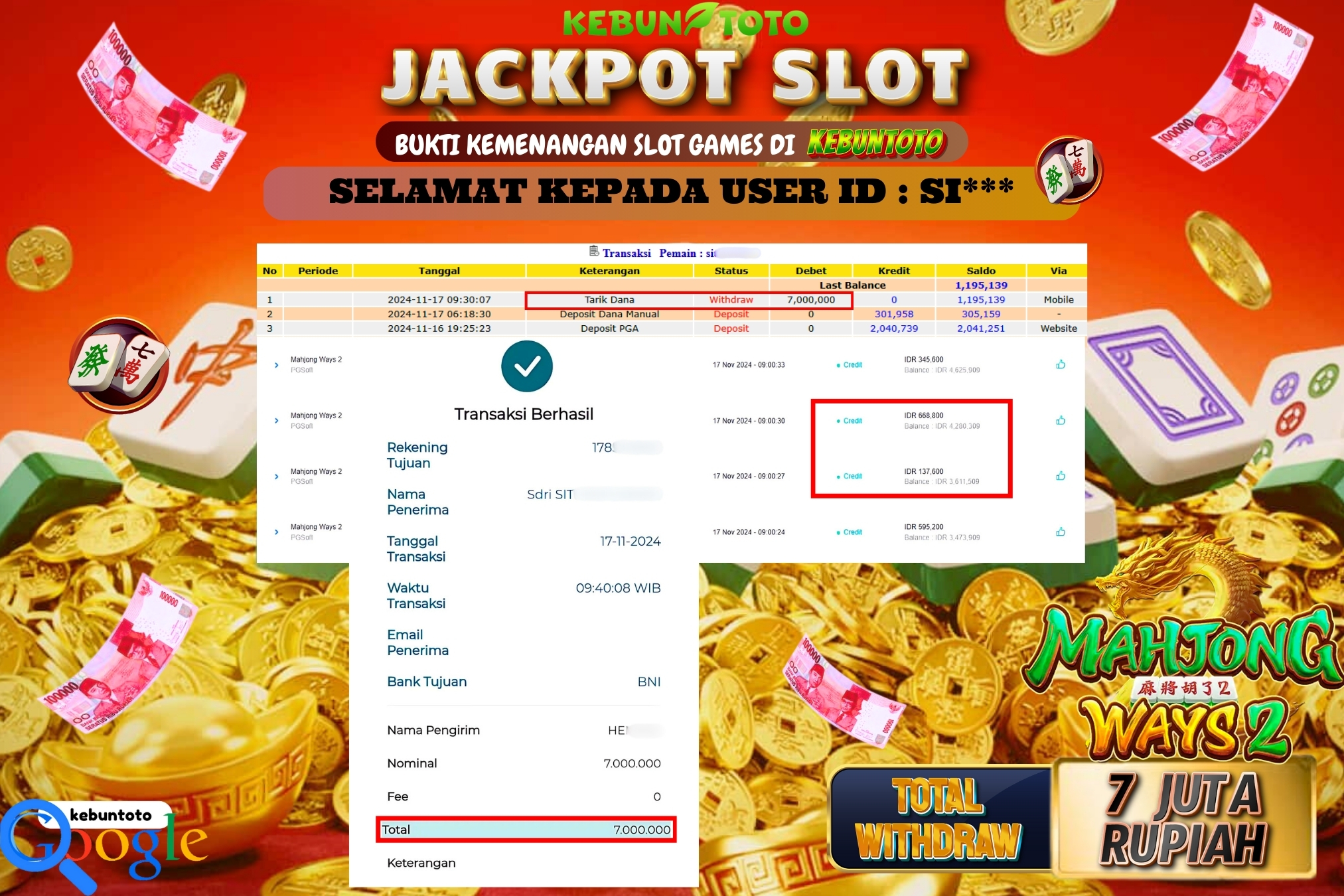 KEBUNTOTO JACKPOT SLOT MAHJONG WAYS 2 Rp.7.000.000,- LUNAS