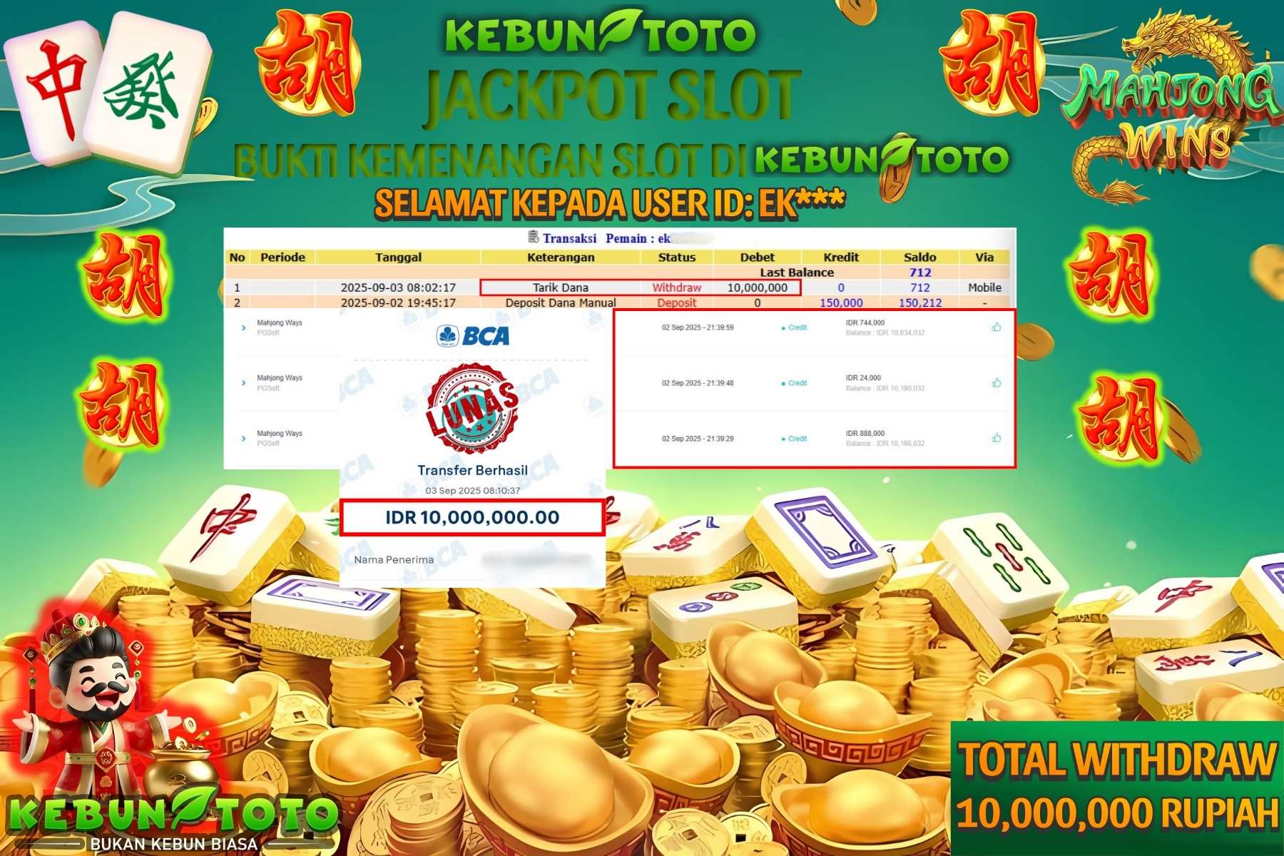 Bukti Kemenangan Rp 10.000.000 SLOT MAHJONG WAYS di KEBUNTOTO!