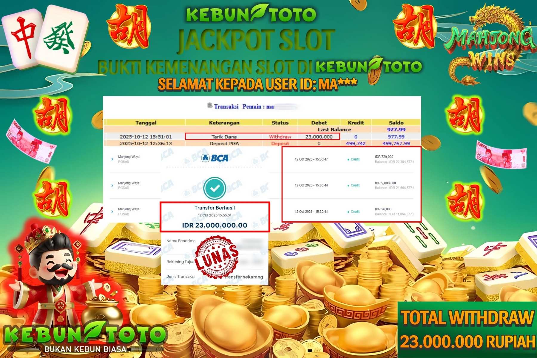 Bukti Kemenangan Rp 23.000.000 SLOT MAHJONG WAYS di KEBUNTOTO!