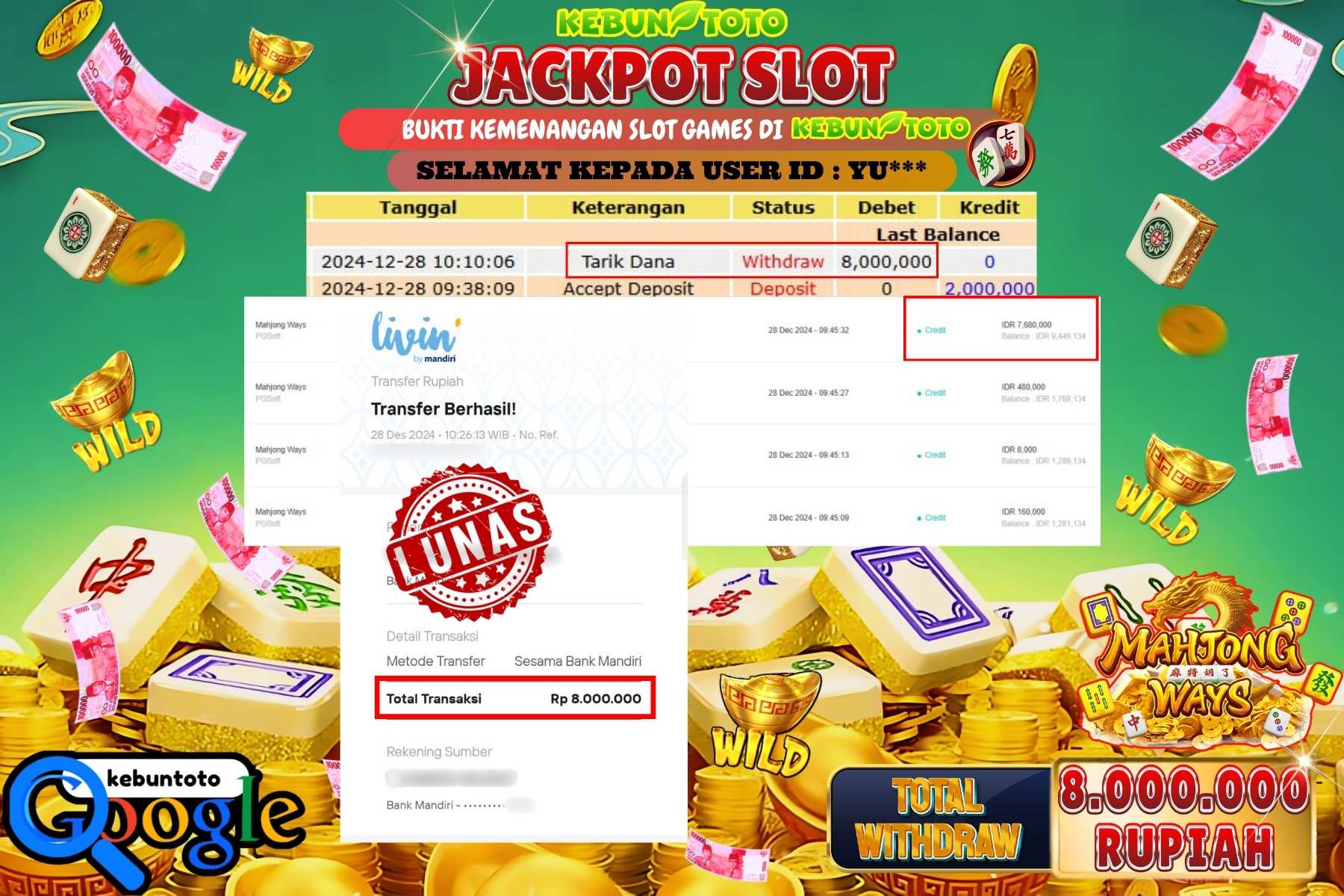KEBUNTOTO JACKPOT SLOT MAHJONG WAYS , Sebesar Rp.8.000.000,- LUNAS