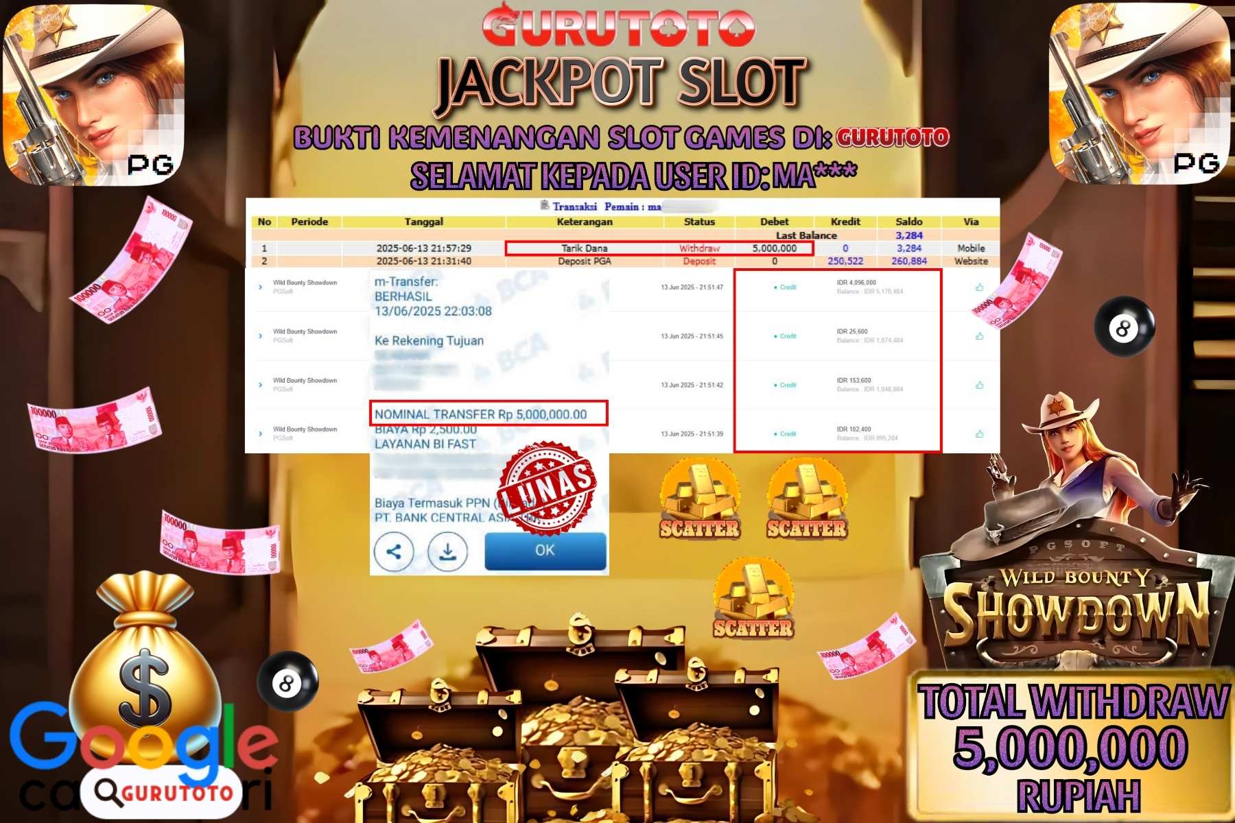 GURUTOTO JACKPOT, SLOT WILD BOUNTY SHOWDOWN, Sebesar Rp 5.000.000,- LUNAS
