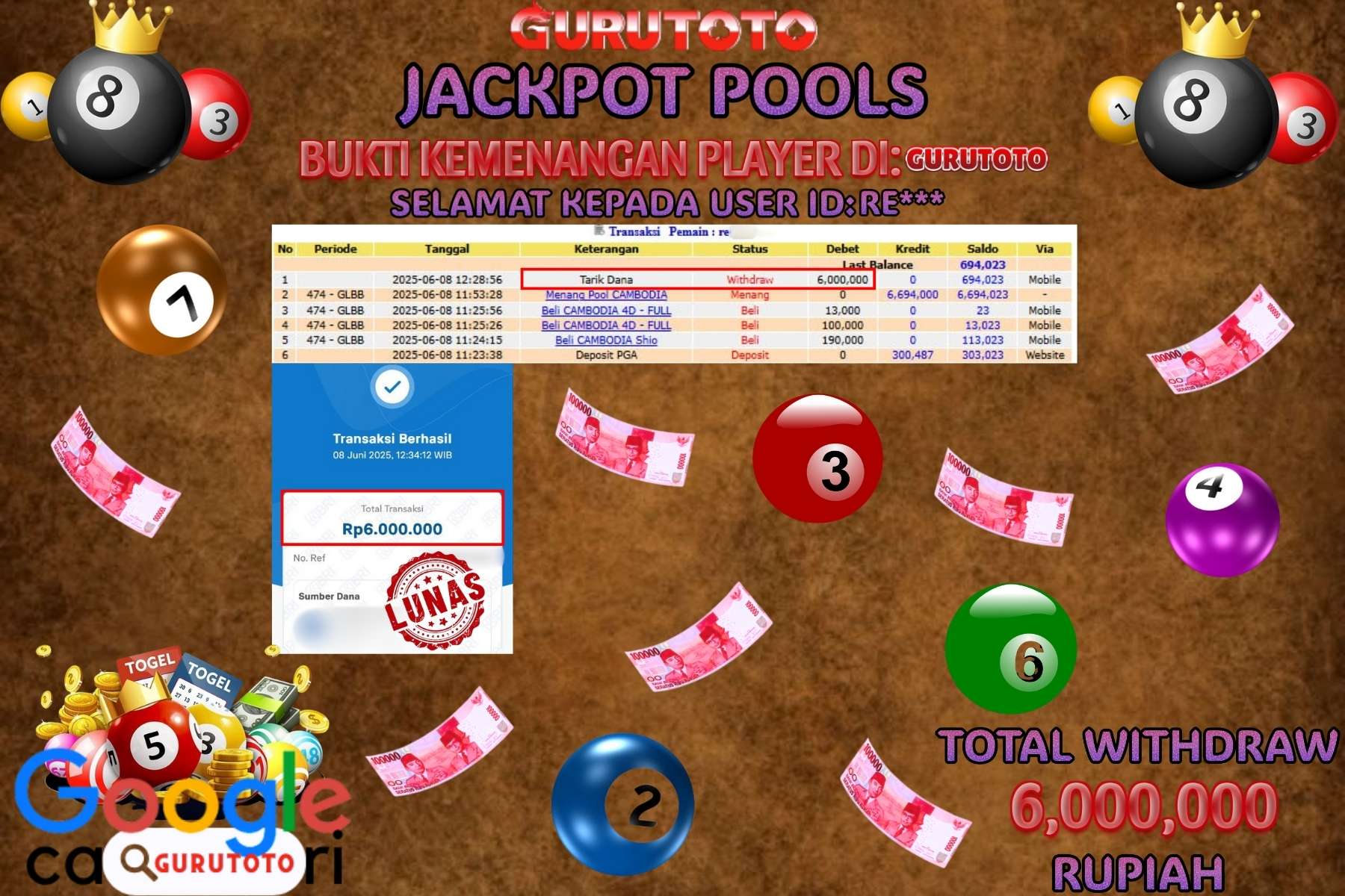 GURUTOTO JACKPOT, TOGEL CAMBODIA, Sebesar Rp 6.000.000,- LUNAS
