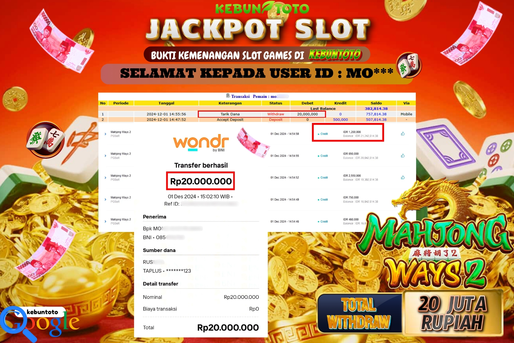KEBUNTOTO JACKPOT SLOT MAHJONG WAYS 2 Rp.20.000.000,- LUNAS