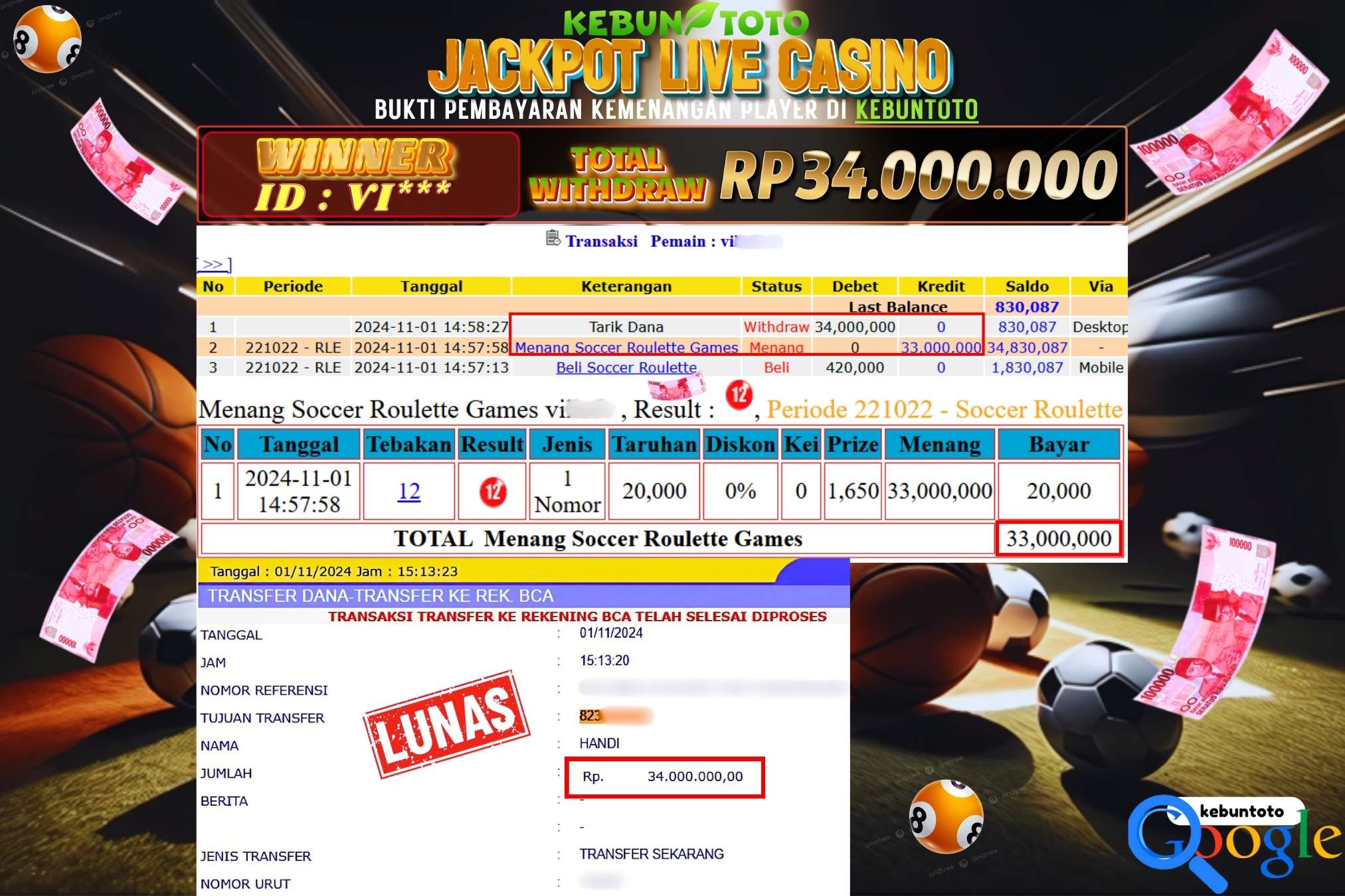 KEBUNTOTO JACKPOT LIVE CASINO SOCCER ROULETTE Rp.34.000.000,- LUNAS