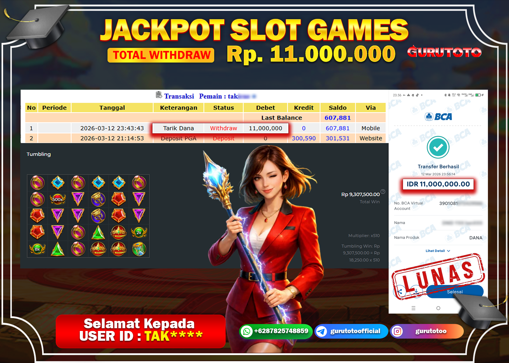 Bukti Kemenangan Rp 11.000.000 GATES OF OLYMPUS di GURUTOTO !