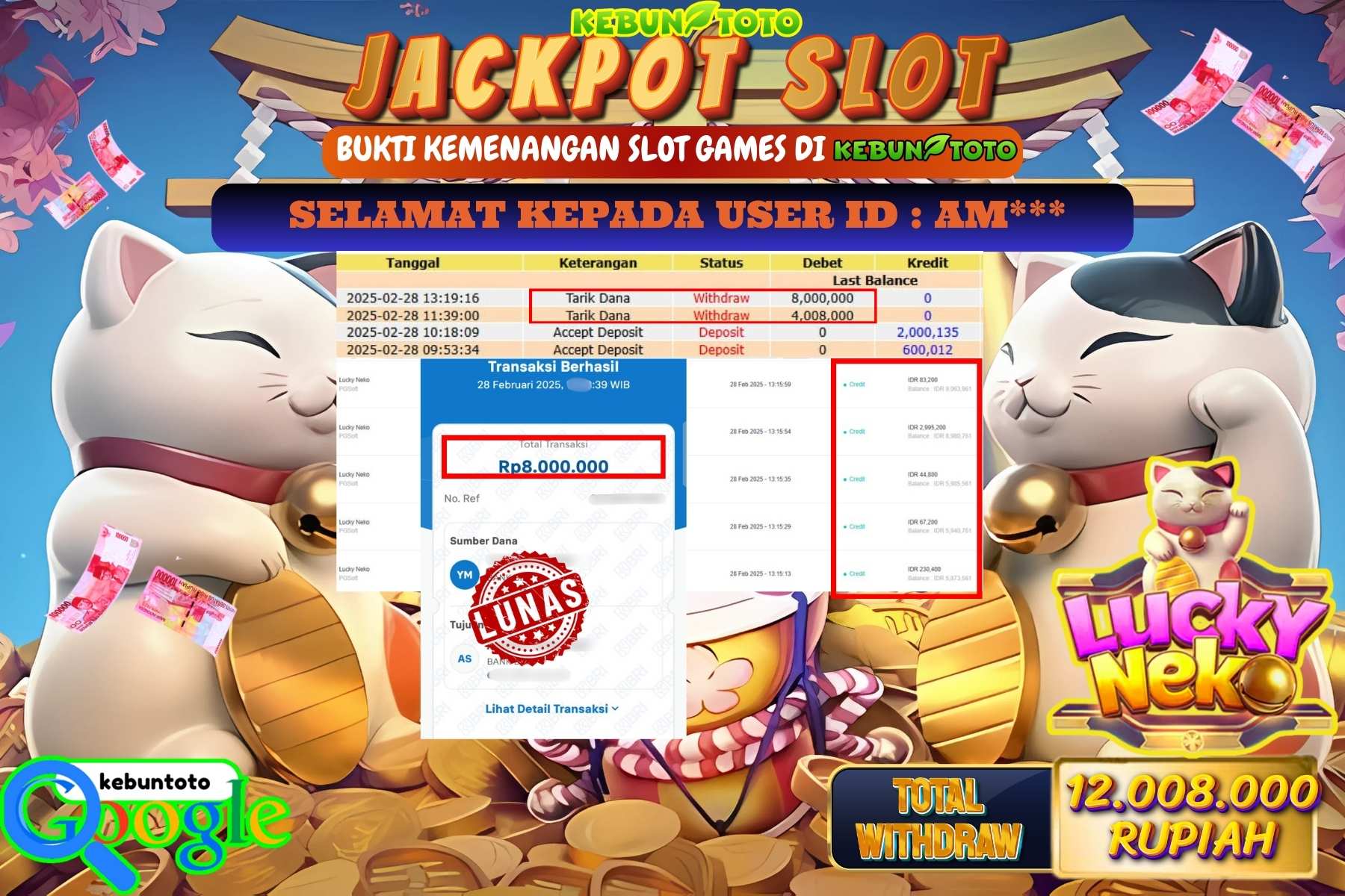 KEBUNTOTO JACKPOT, SLOT LUCKY NEKO Sebesar Rp 12.008.000,- LUNAS