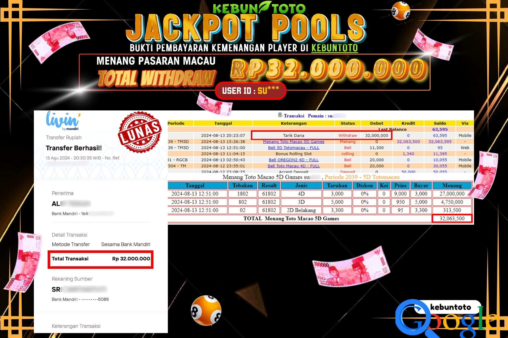 KEBUNTOTO JACKPOT TOGEL PASARAN MACAU Rp.32.000.000,- LUNAS