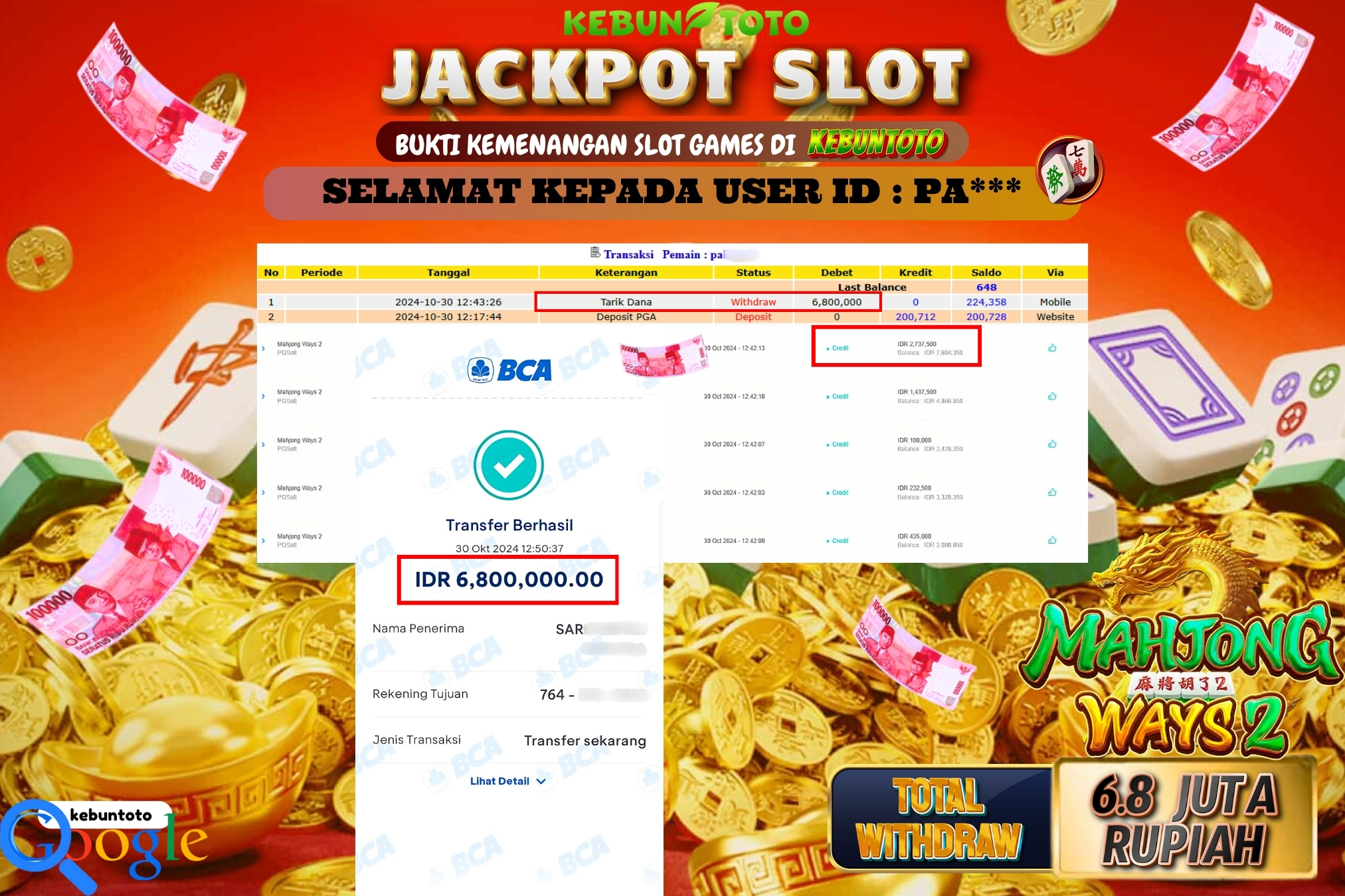 KEBUNTOTO JACKPOT SLOT MAHJONG WAYS 2 Rp.6.800.000,- LUNAS