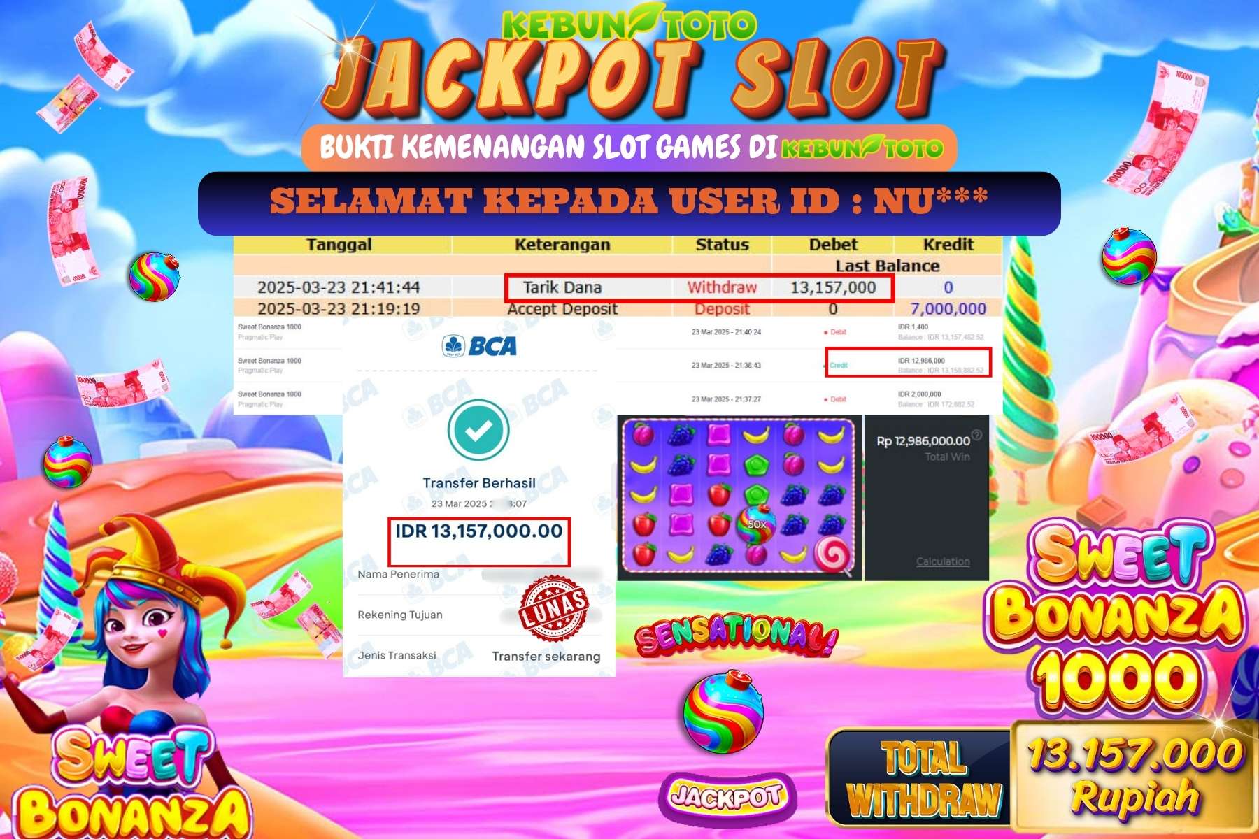 KEBUNTOTO JACKPOT, SLOT SWEET BONANZA 1000 Sebesar Rp 13.157.000,- LUNAS