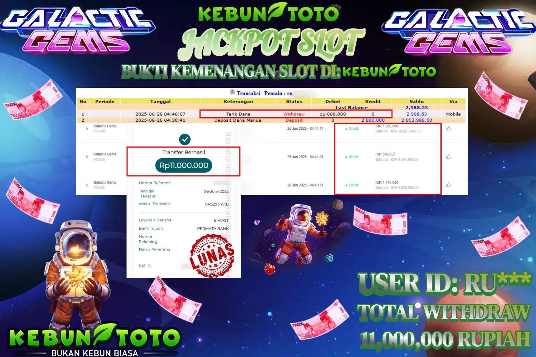 Bukti Kemenangan Rp 11.000.000 SLOT GALACTIC GEMS di KEBUNTOTO!