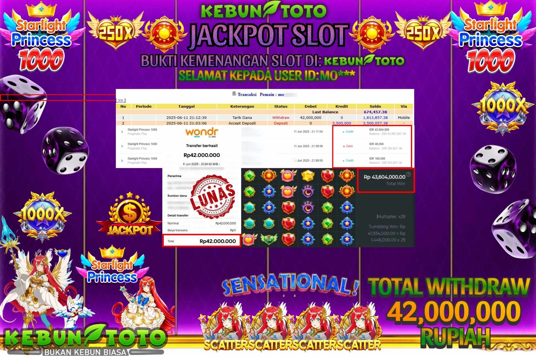 KEBUNTOTO JACKPOT SLOT STARLIGHT PRINCESS 1000 Rp 42.000.000,- LUNAS