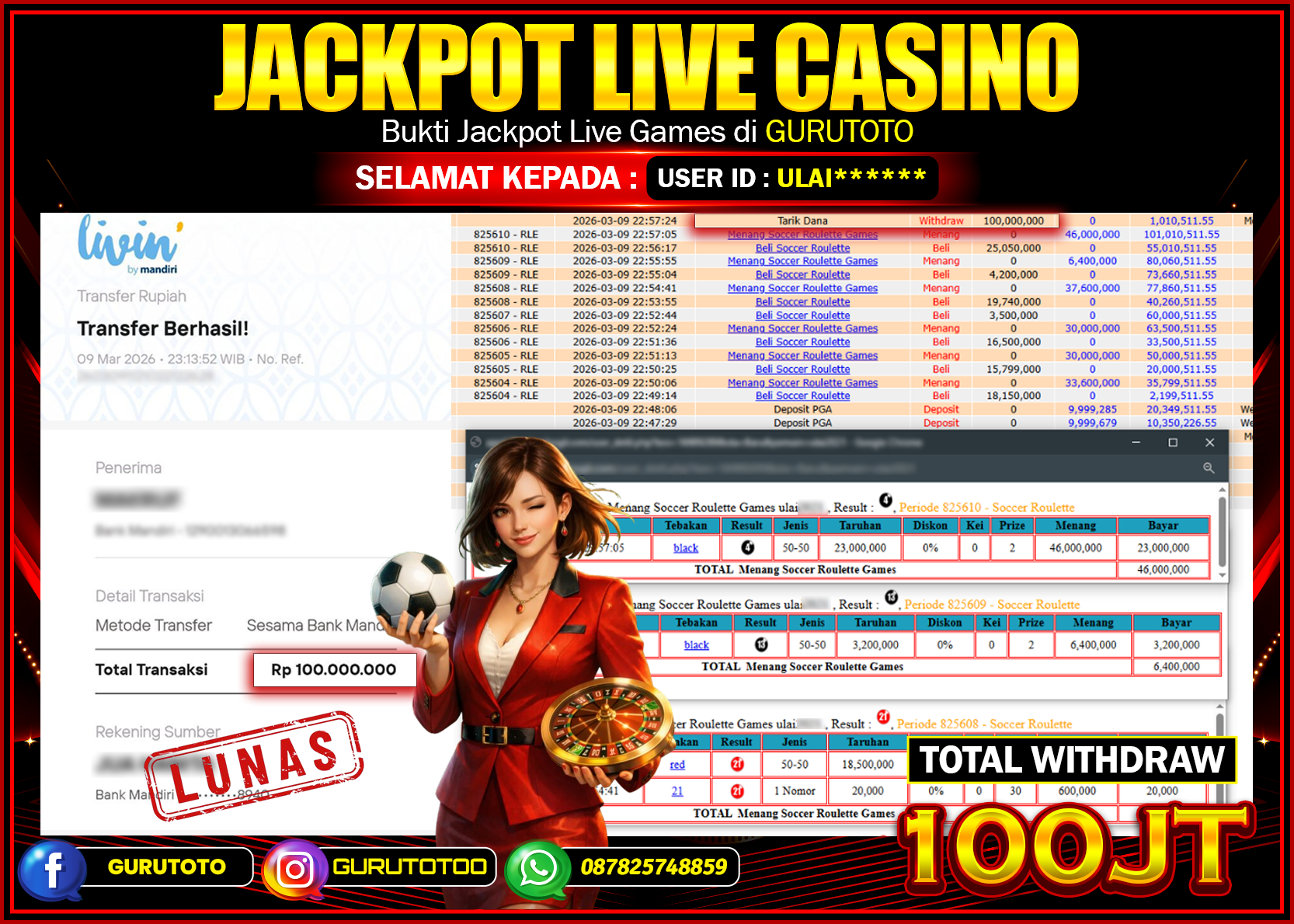 Bukti Kemenangan Rp 100.000.000 SOCCER ROULETTE di GURUTOTO !