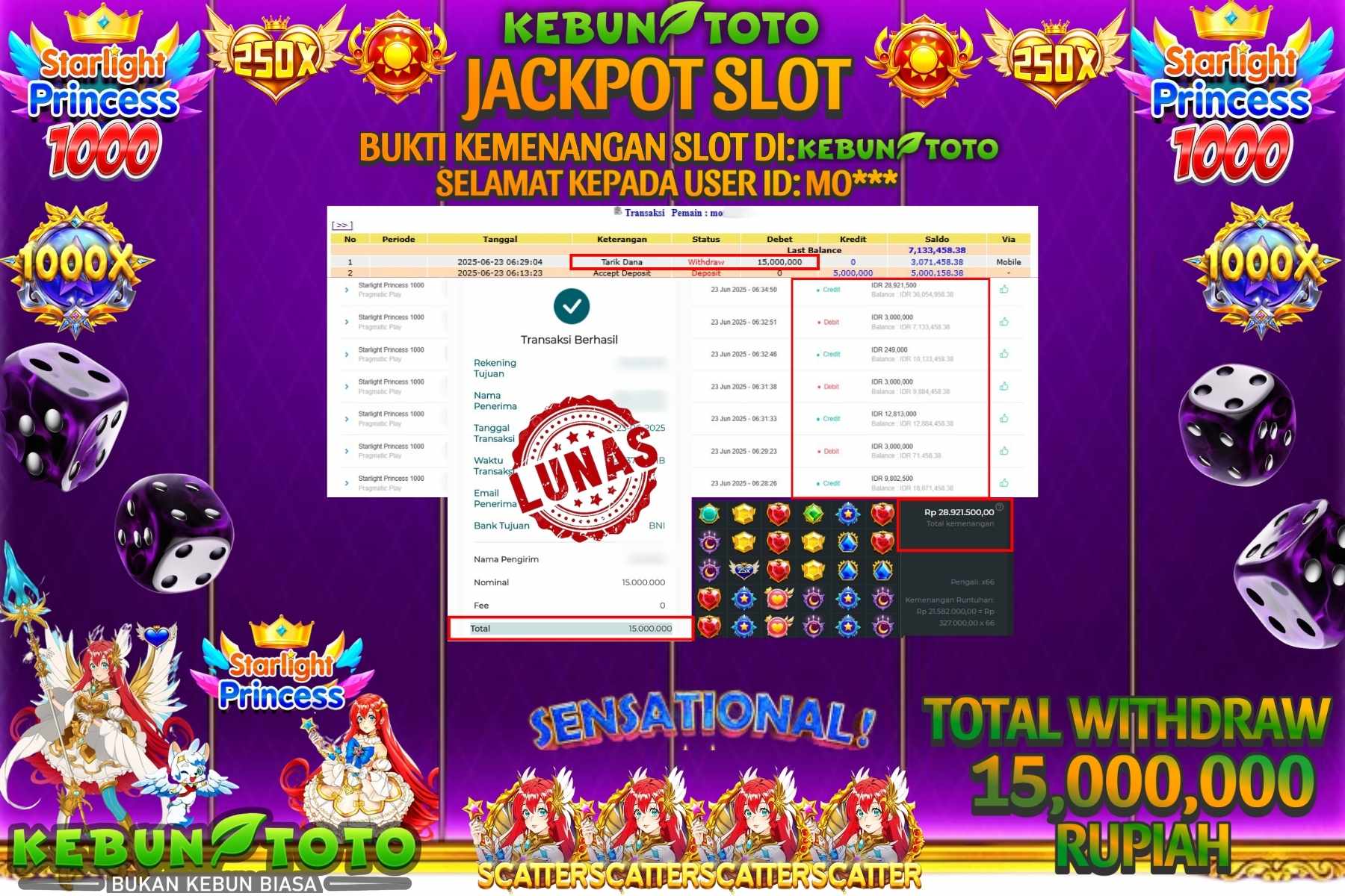 Bukti Kemenangan Rp 10.000.000 SLOT STARLIGHT PRINCESS 1000 di KEBUNTOTO!
