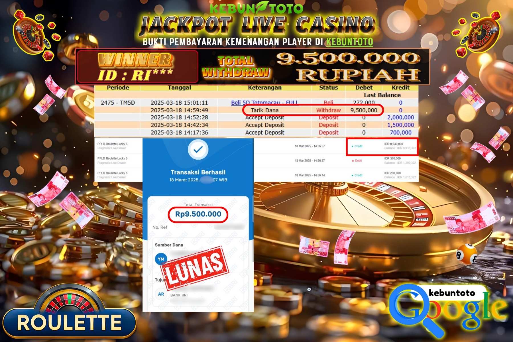 KEBUNTOTO JACKPOT, LIVE CASINO ROULETTE , Sebesar Rp 9.500.000,- LUNAS