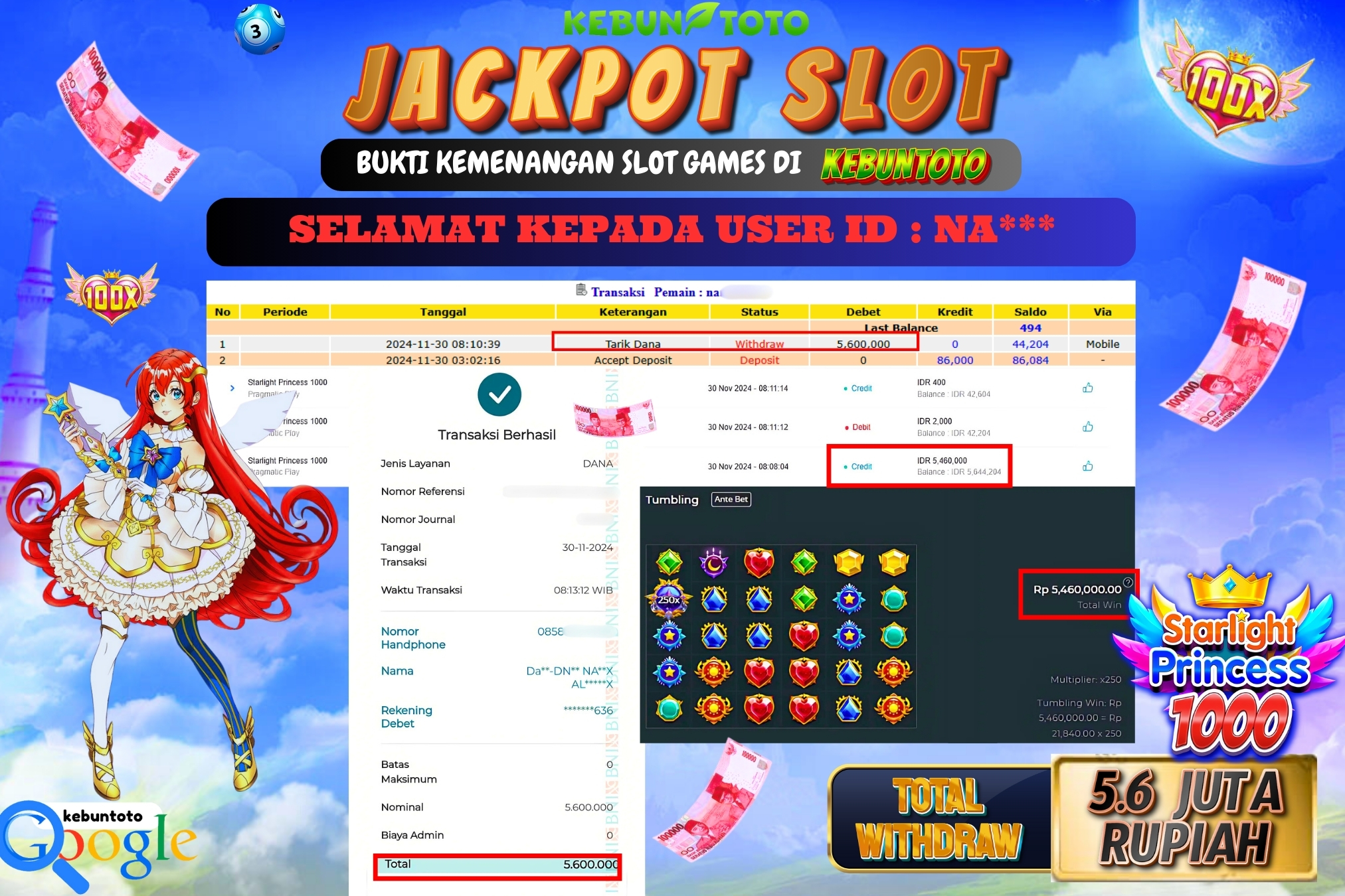 KEBUNTOTO JACKPOT SLOT STARLIGHT PRINCESS 1000 Rp.5.600.000,- LUNAS