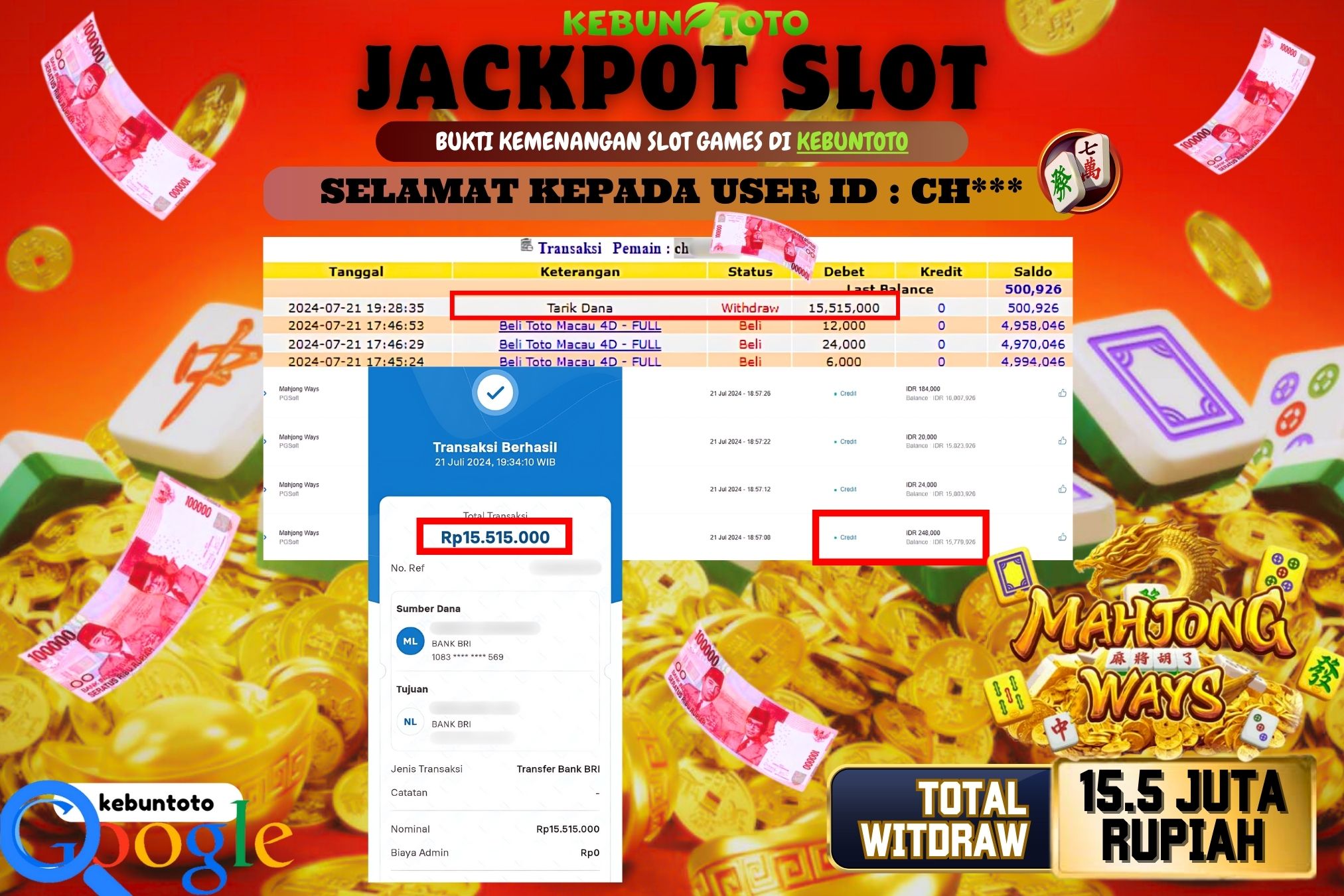 KEBUNTOTO JACKPOT SLOT MAHJONG Rp.15.515.000,- LUNAS