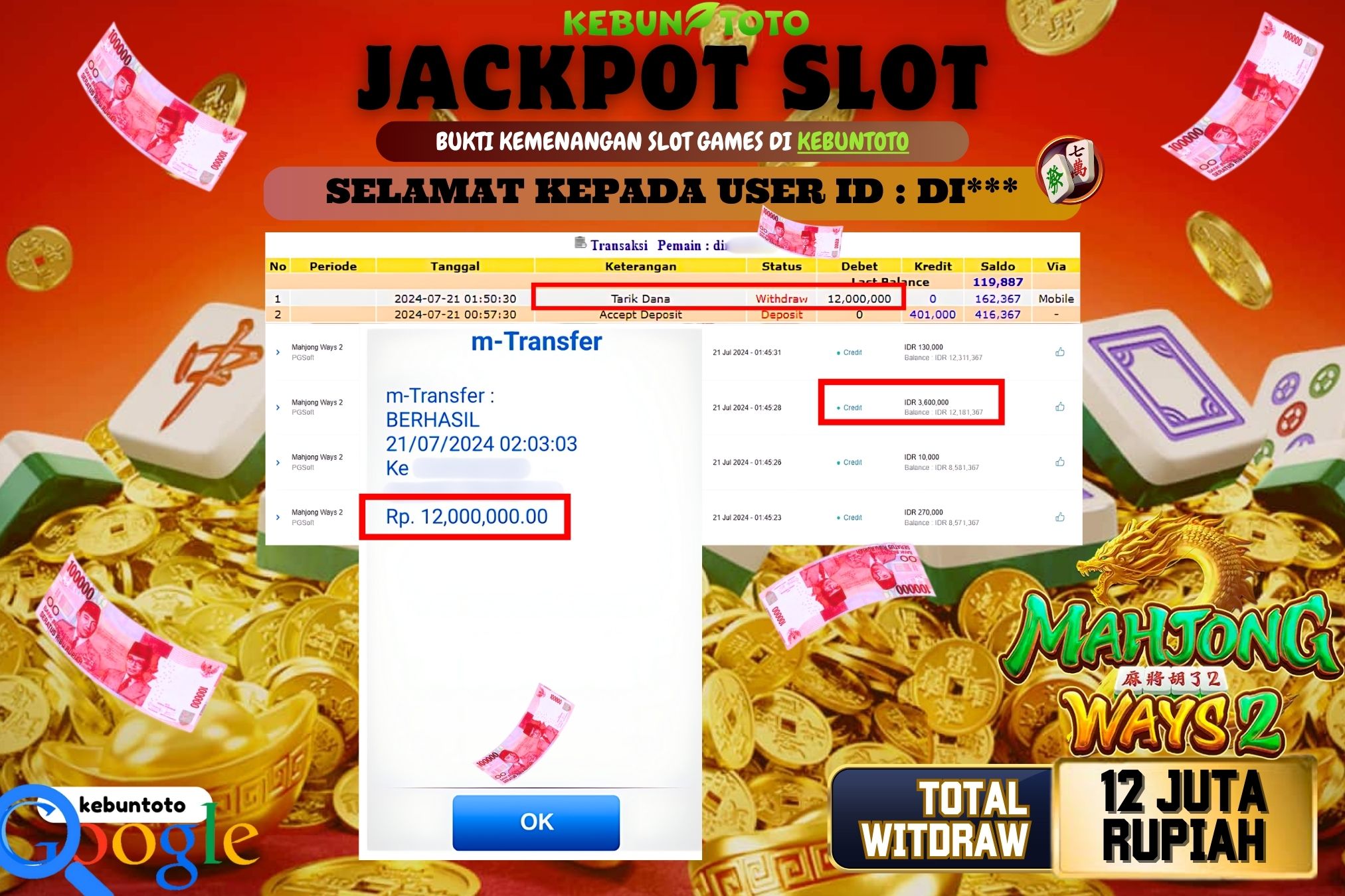 KEBUNTOTO JACKPOT SLOT MAHJONG WAYS 2 Rp.12.000.000,- LUNAS