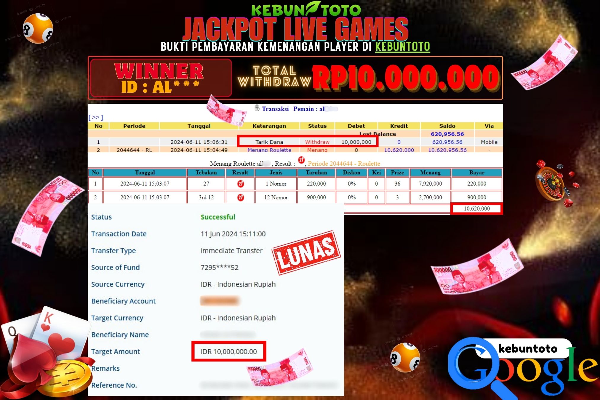 KEBUNTOTO JACKPOT LIVE GAMES ROULETTE Rp.10.000.000,- LUNAS
