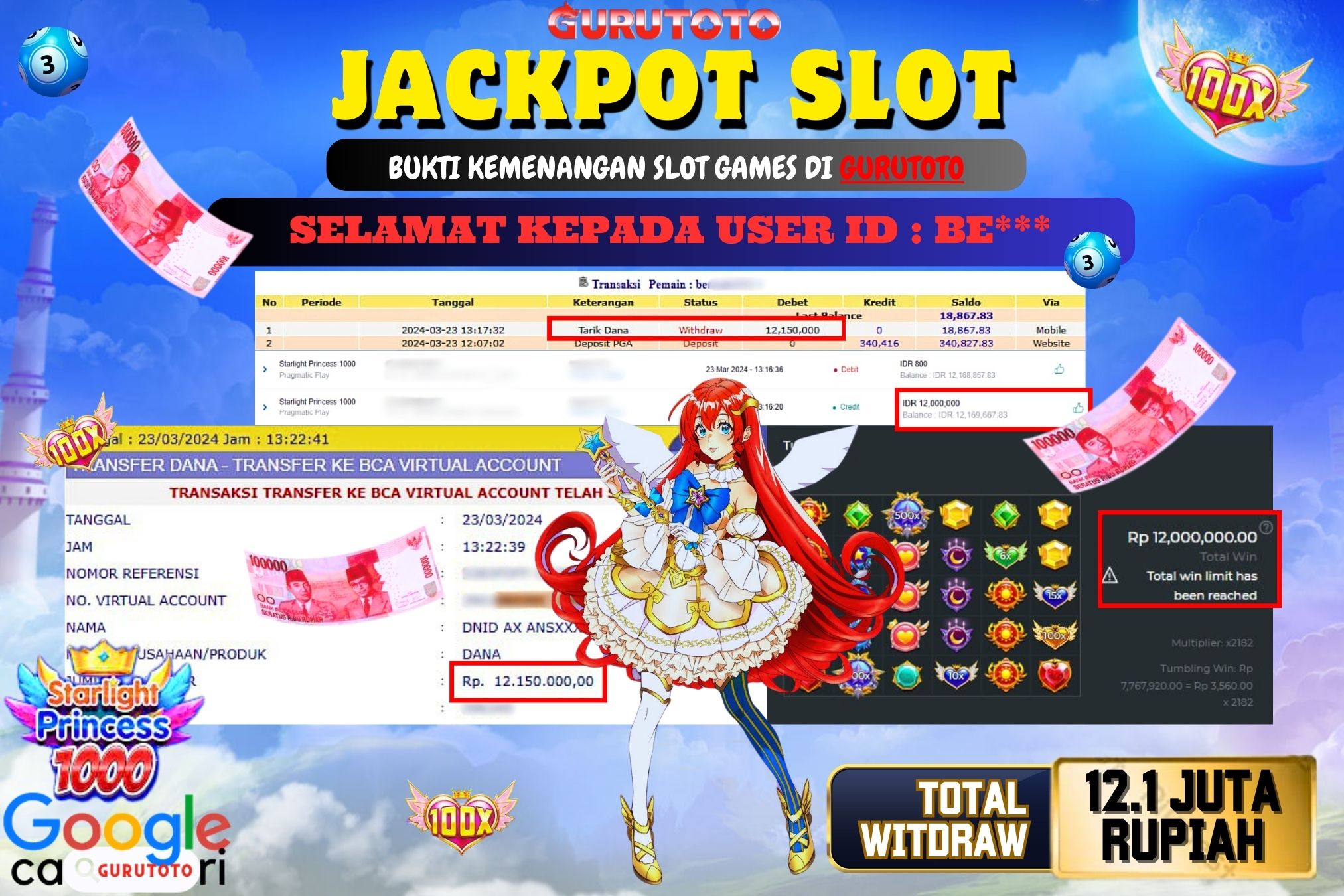 Jackpot Slot Starlight Princess 1000 di Gurutoto sebesar Rp.12.100.000 telah dibayar lunas.
