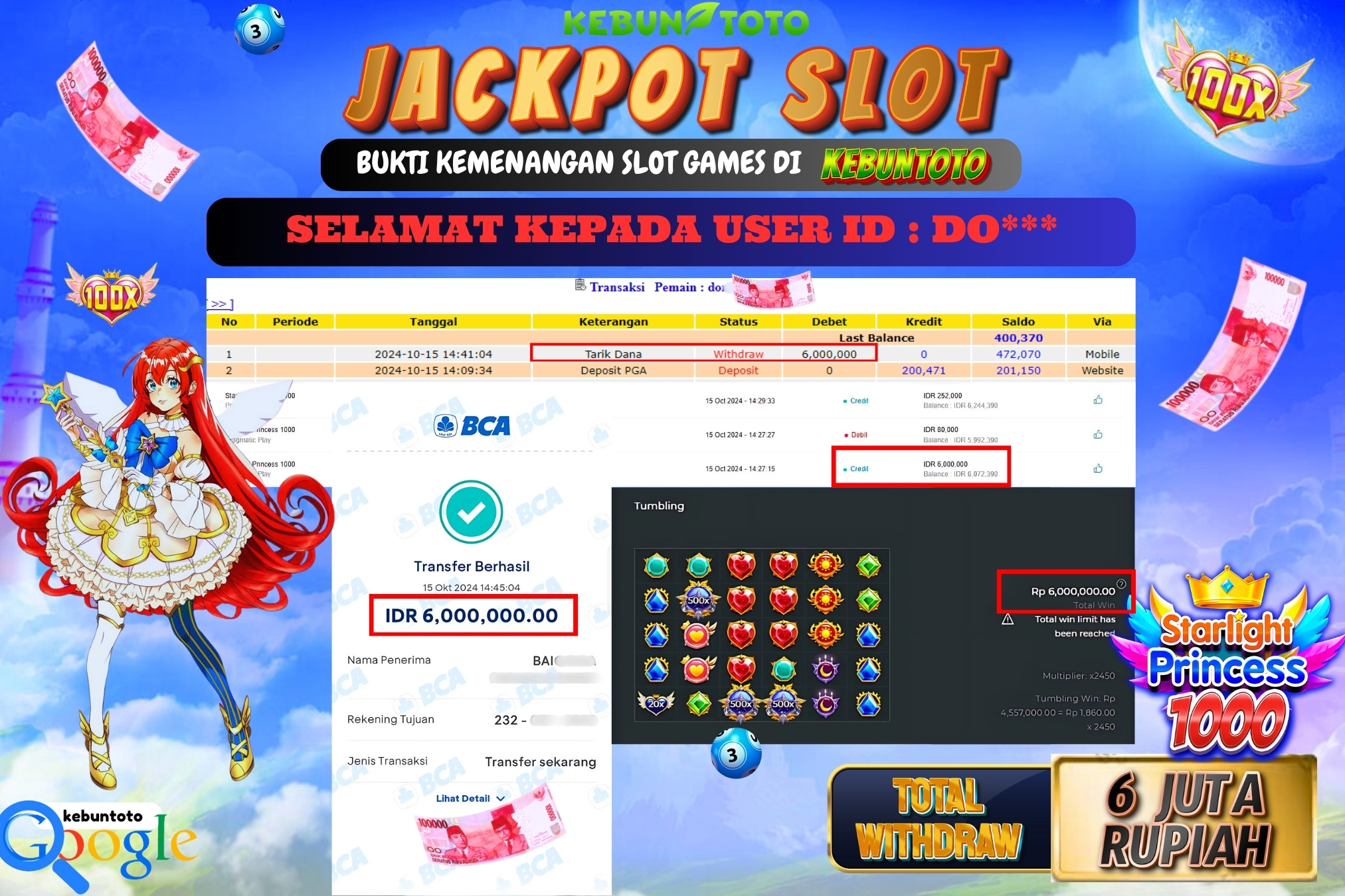 KEBUNTOTO JACKPOT SLOT STARLIGHT PRINCESS 1000 Rp.6.000.000,- LUNAS