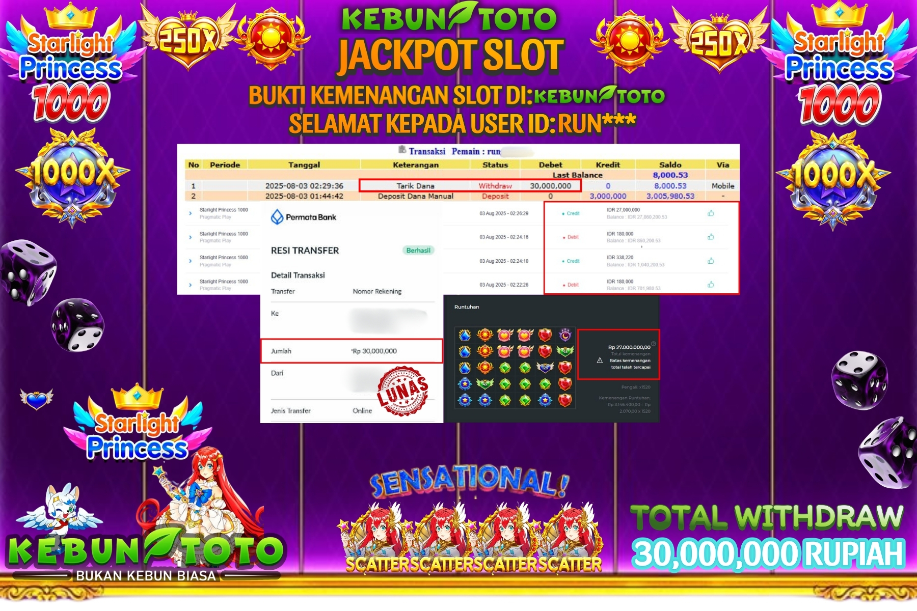 Bukti Kemenangan Rp 30.000.000 SLOT STARLIGHT PRINCESS 1000 di KEBUNTOTO!