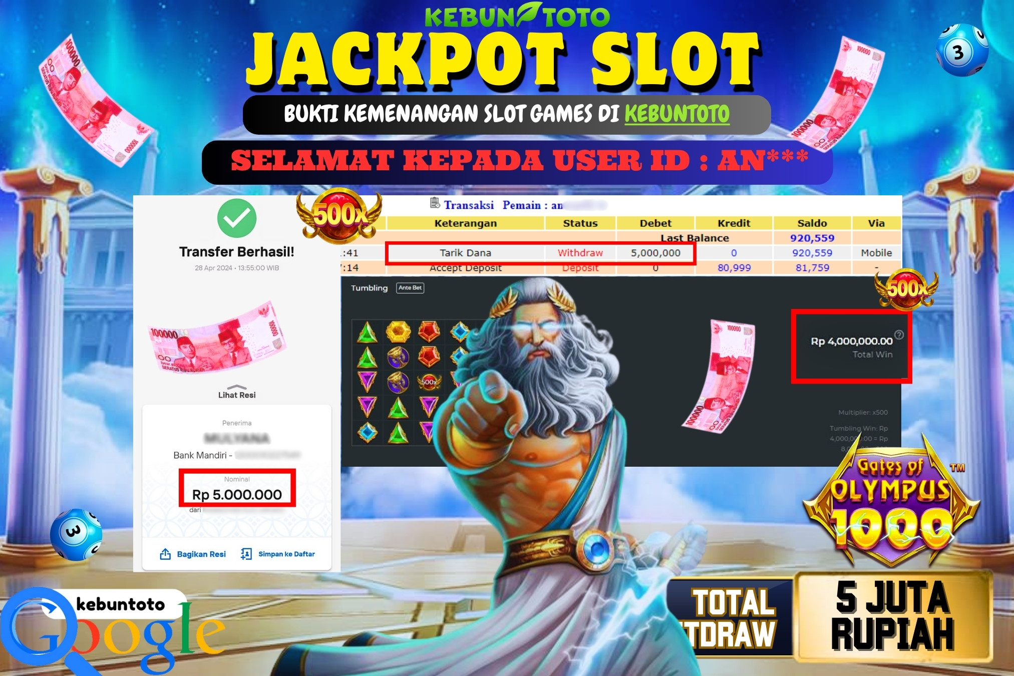 KEBUNTOTO JACKPOT SLOT GATES OF OLYMPUS 1000 Rp.5.000.000,- LUNAS