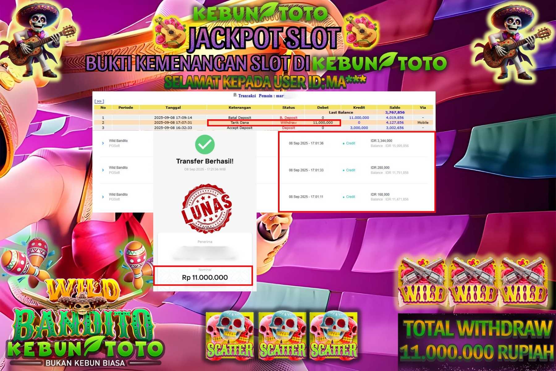 Bukti Kemenangan Rp 11.000.000 SLOT WILD BANDITO di KEBUNTOTO!