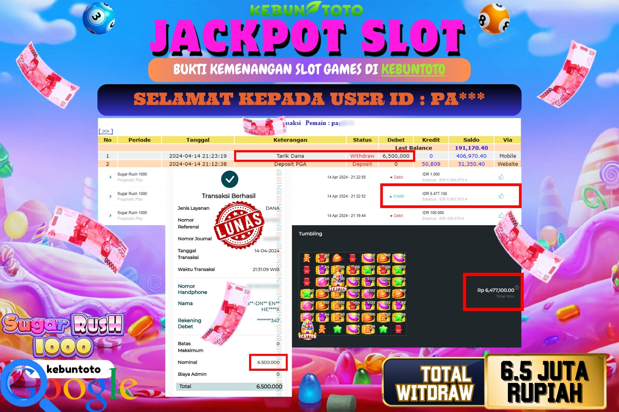 KEBUNTOTO JACKPOT SLOT SUGAR RUSH 1000 Rp.6.500.000,- LUNAS