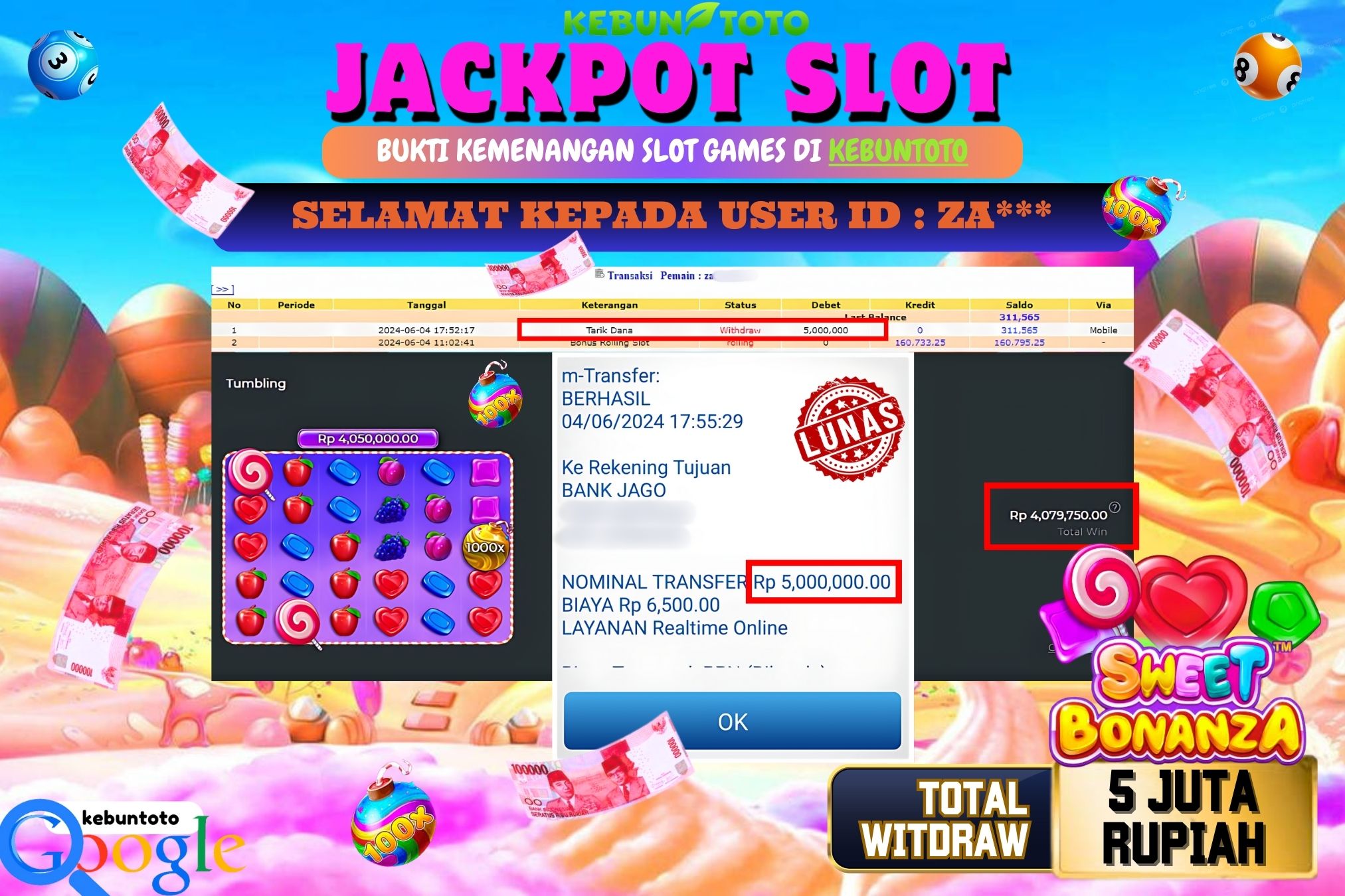 KEBUNTOTO JACKPOT SLOT SWEET BONANZA Rp.5.000.000,- LUNAS
