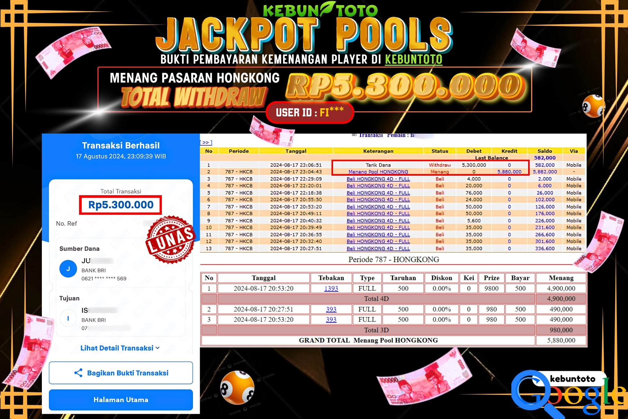 KEBUNTOTO JACKPOT TOGEL PASARAN HONGKONG Rp.5.300.000,- LUNAS