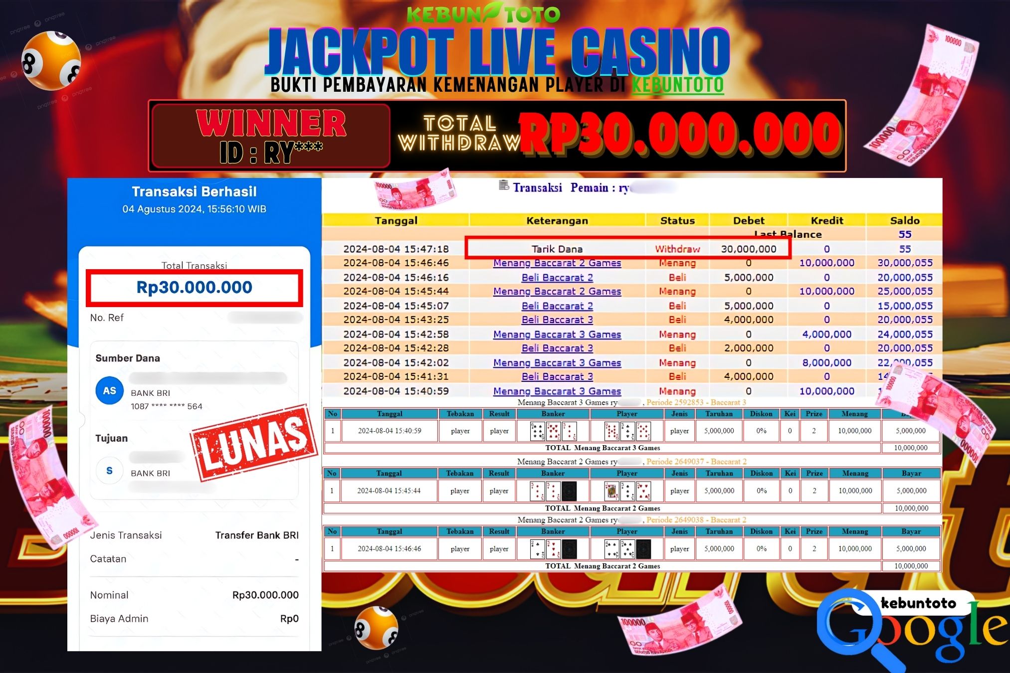 KEBUNTOTO JACKPOT LIVE CASINO BACCARAT 2 Rp.30.000.000,- LUNAS