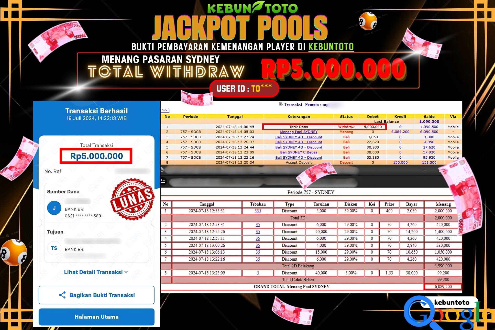 KEBUNTOTO JACKPOT TOGEL PASARAN SYDNEY Rp.5.000.000,- LUNAS