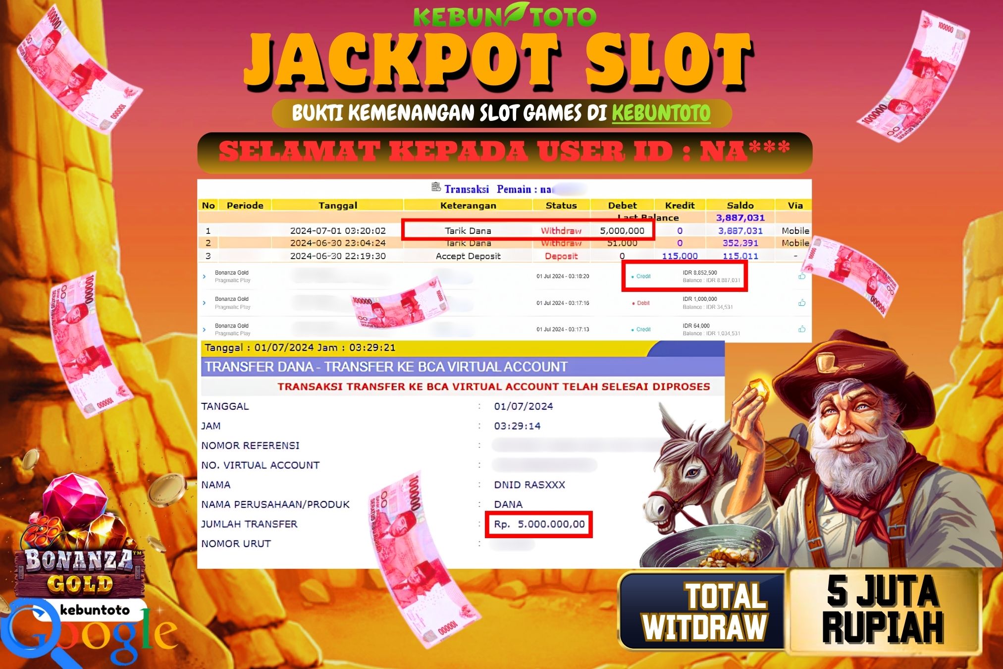 KEBUNTOTO JACKPOT SLOT BONANZA GOLD Rp.5.000.000,- LUNAS