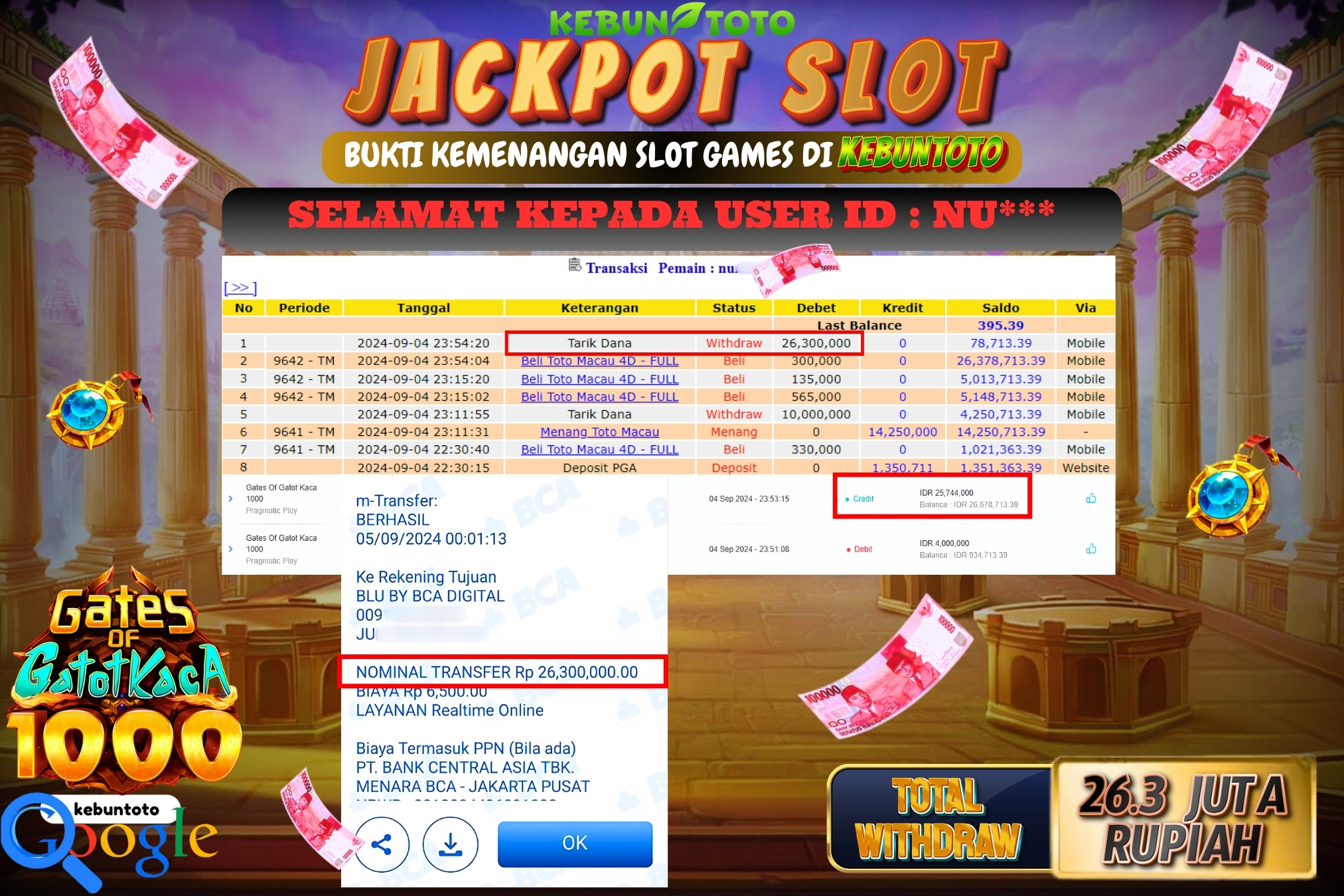 KEBUNTOTO JACKPOT SLOT GATES OF GATOT KACA 1000 Rp.26.300.000,- LUNAS