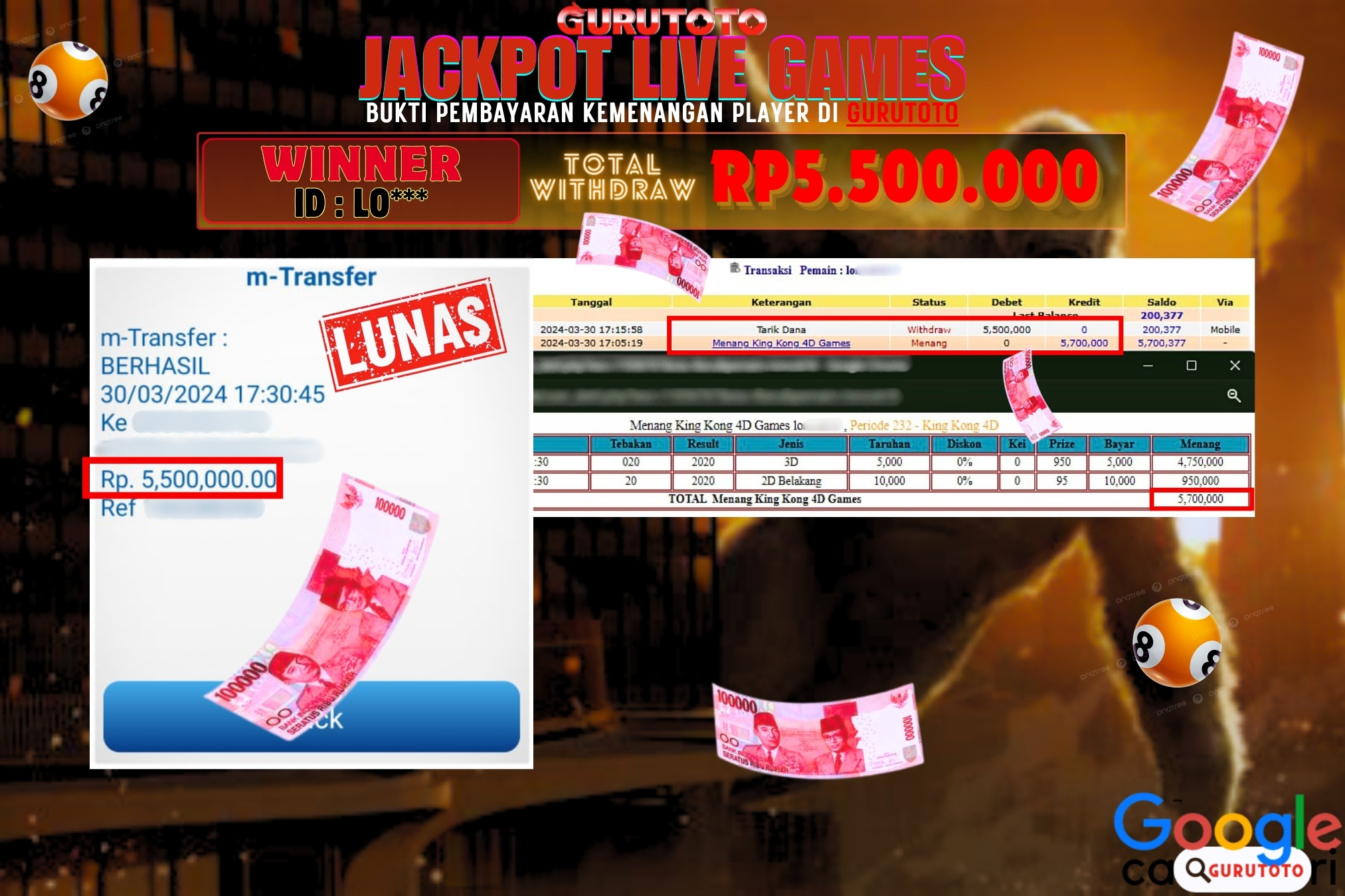 Jackpot Slot KINGKONG 4D di Gurutoto sebesar Rp.5.500.000 dibayar lunas.