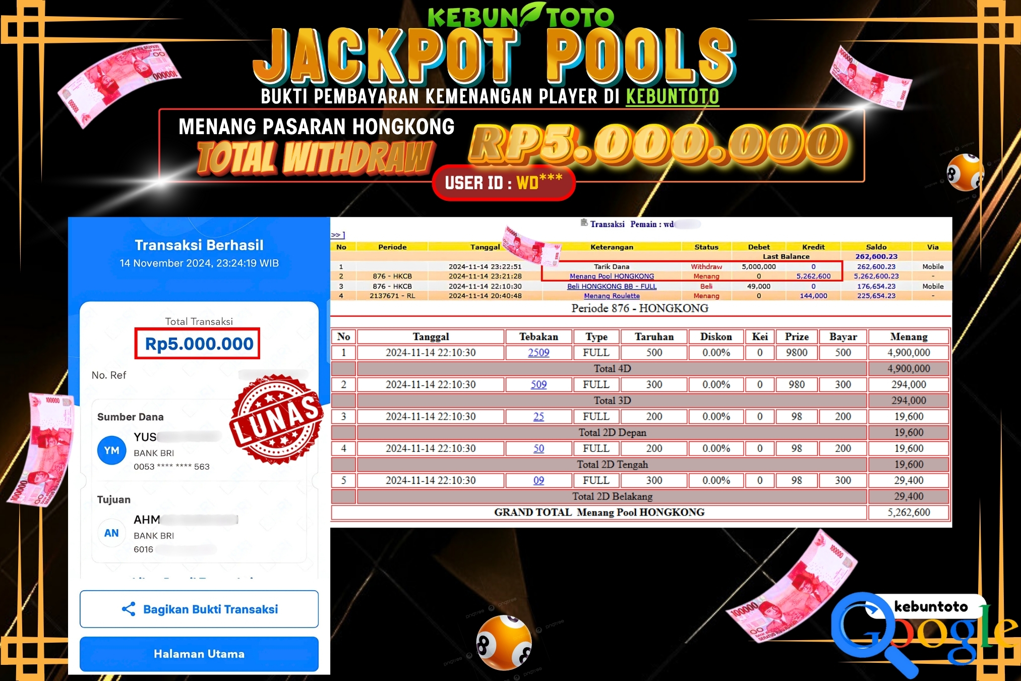 KEBUNTOTO JACKPOT TOGEL PASARAN HONGKONG Rp.5.000.000,- LUNAS