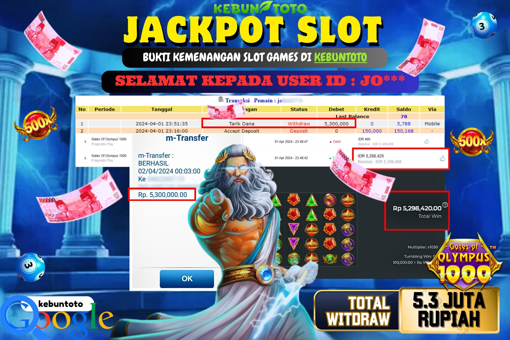 KEBUNTOTO JACKPOT SLOT GATES OF OLYMPUS 1000 Rp.5.300.000,- LUNAS