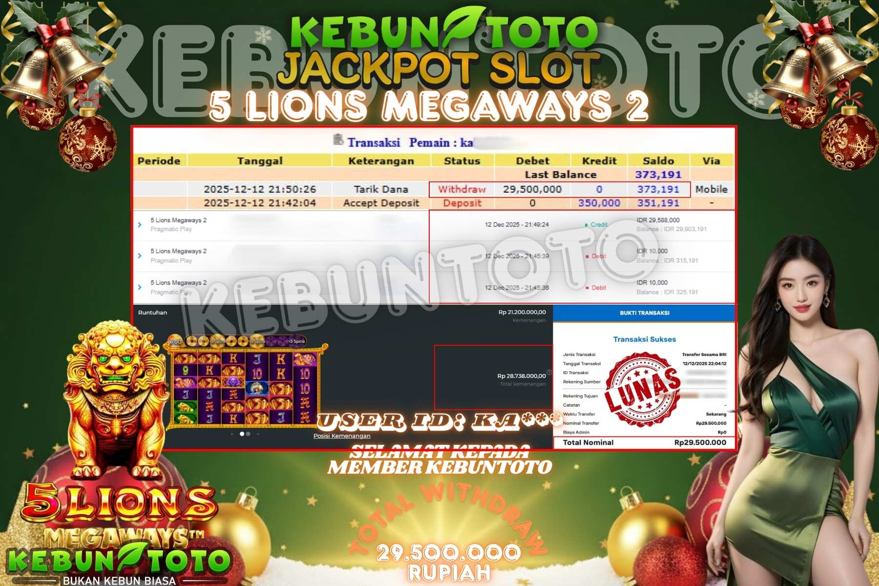 Bukti Kemenangan Rp 29.500.000 SLOT 5 LIONS MEGAWAYS 2 di KEBUNTOTO!