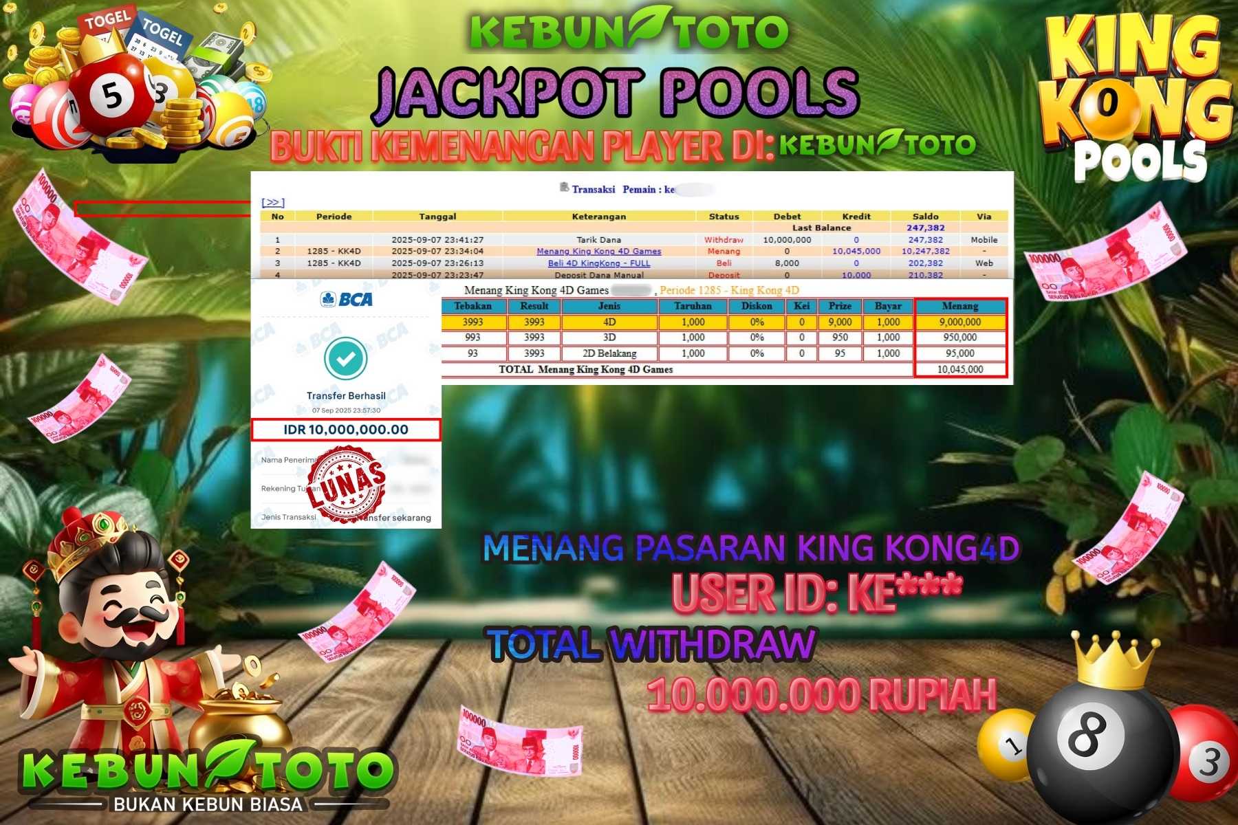 Bukti Kemenangan Rp 10.000.000 TOGEL KINGKONG 4D di KEBUNTOTO!