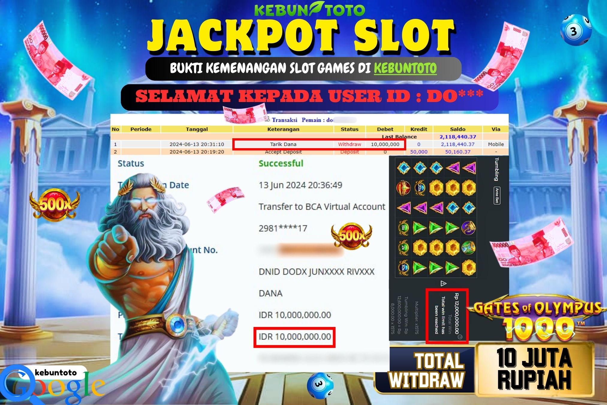 KEBUNTOTO JACKPOT SLOT GATES OF OLYMPUS 1000 Rp.10.000.000,- LUNAS